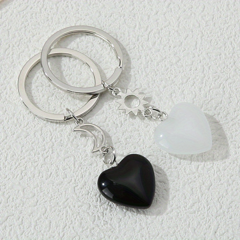 2pcs Heart Stone Keychain Moon & Sun Key Ring Purse Bag Backpack Car Key Charm BFF Friends Couples Valentine's Day Gift