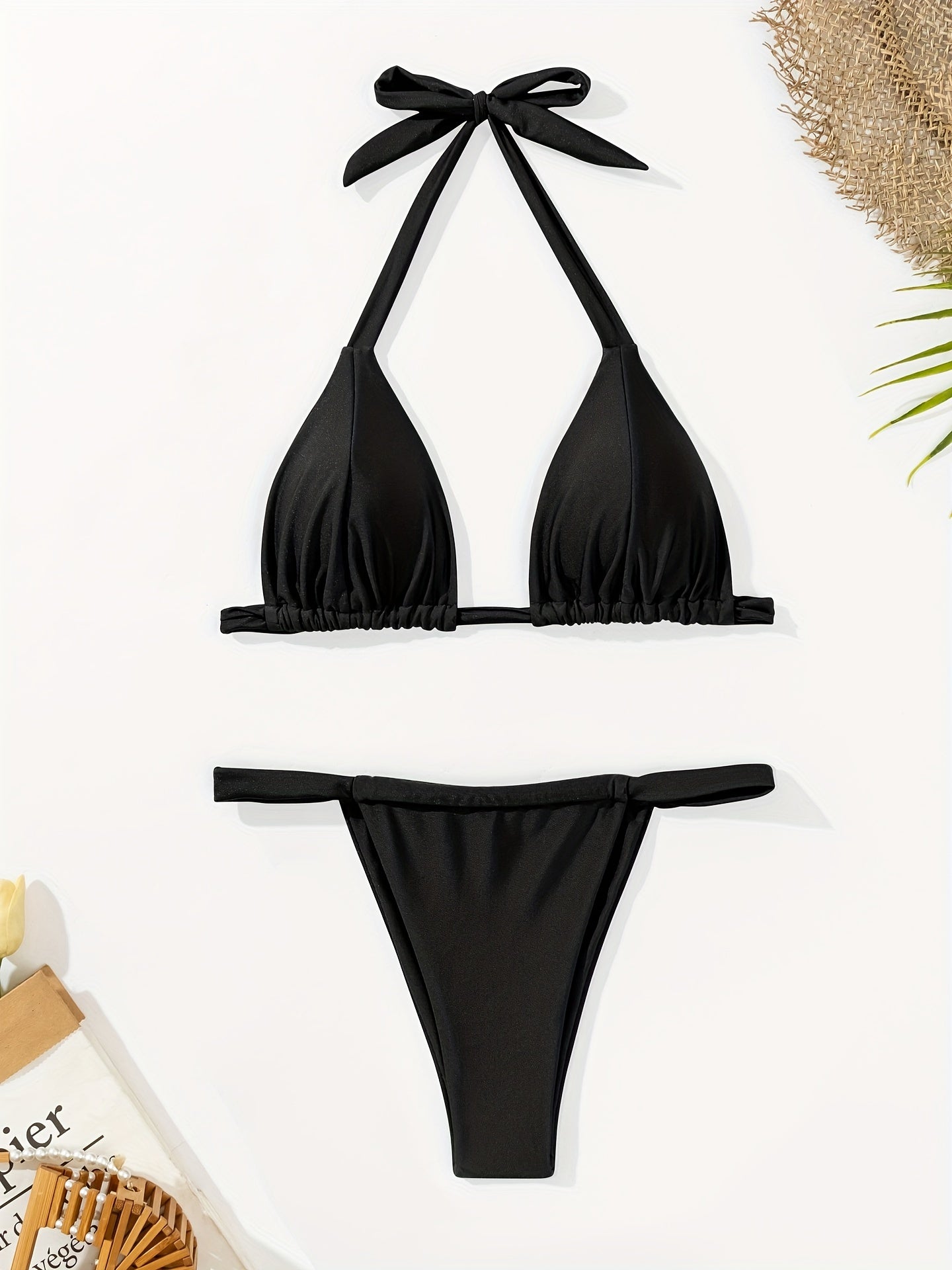 2 Piece Solid Color Halter V Neck Backless High Cut Thong Bikini Swimsuits - Lace Up, High Stretch Nylon Fabric, Customized Knit Swimwear - Womens Summer Beachwear & Vacation Clothing