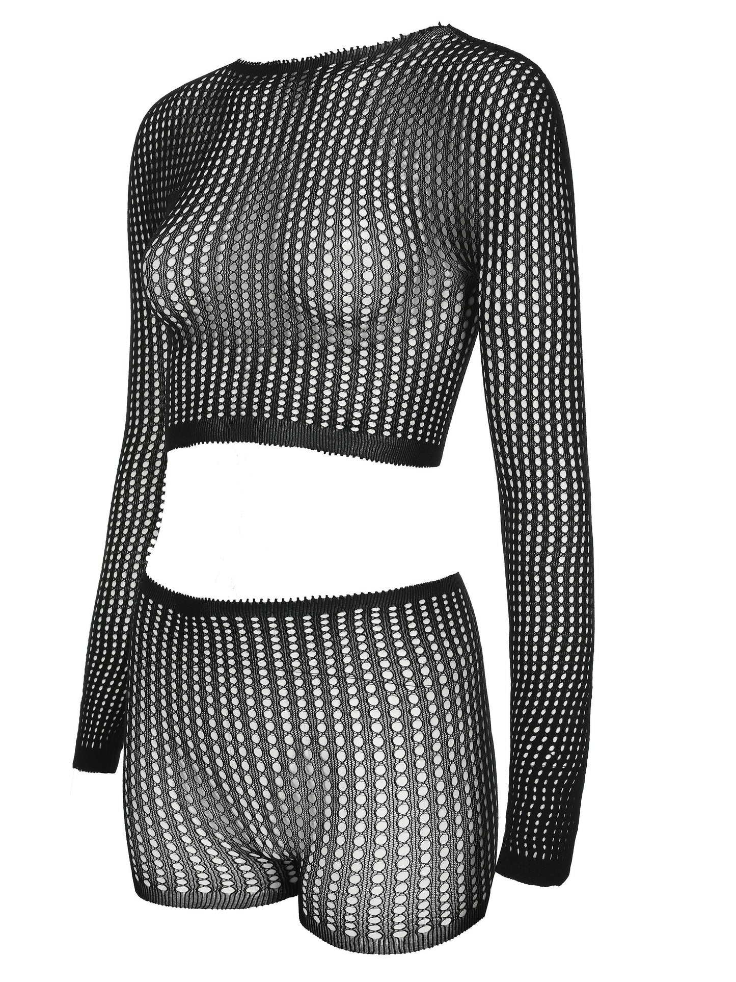 Two-Piece Sexy Hollow Out Mesh Long Sleeve Crop Top and Shorts Set - Breathable, Stretchy, Sheer Cover-Ups for Beachwear - High Stretch Polyamide Fabric, Solid Color, No Printing, Knit Fabric