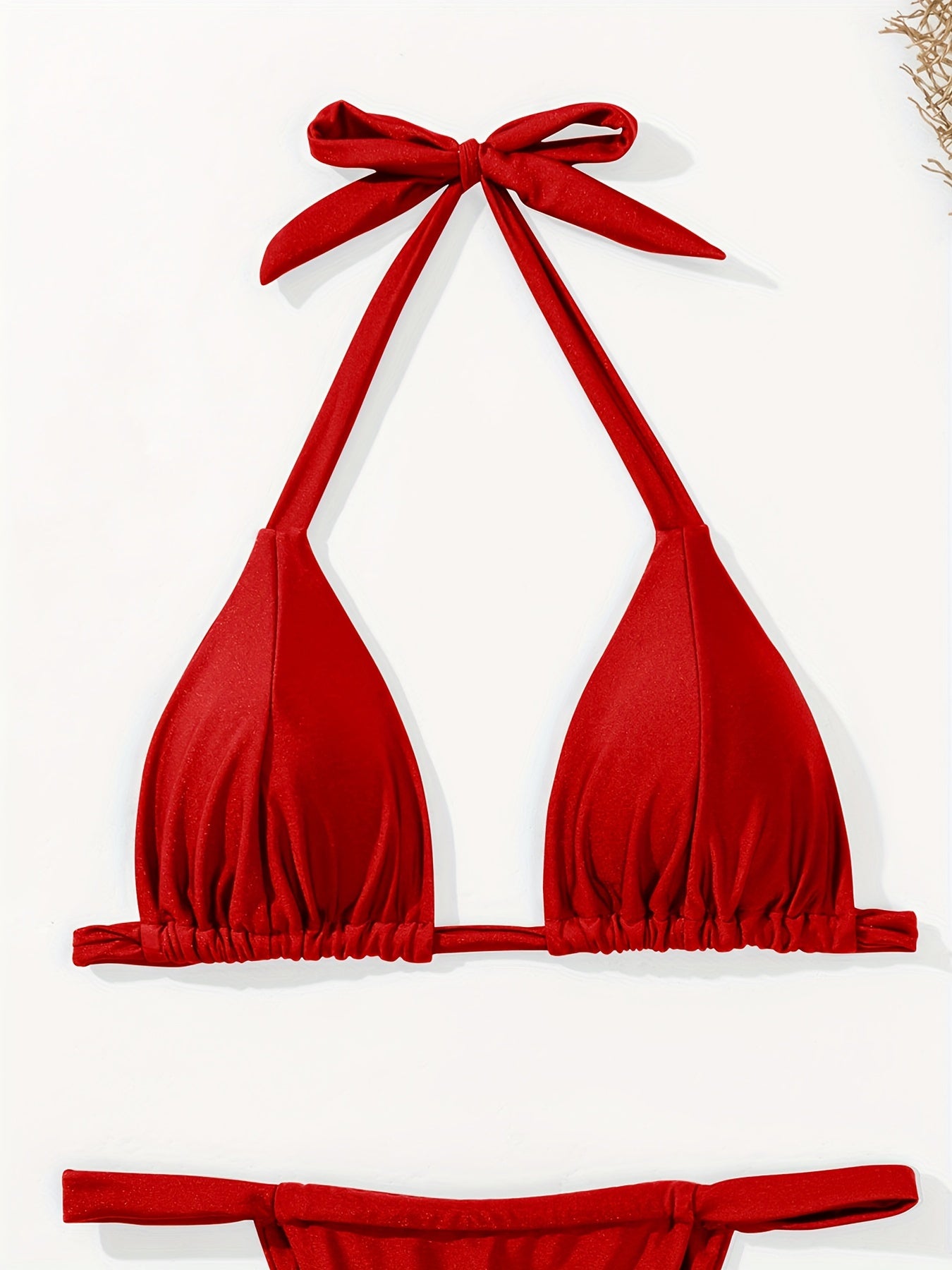 2 Piece Solid Color Halter V Neck Backless High Cut Thong Bikini Swimsuits - Lace Up, High Stretch Nylon Fabric, Customized Knit Swimwear - Womens Summer Beachwear & Vacation Clothing