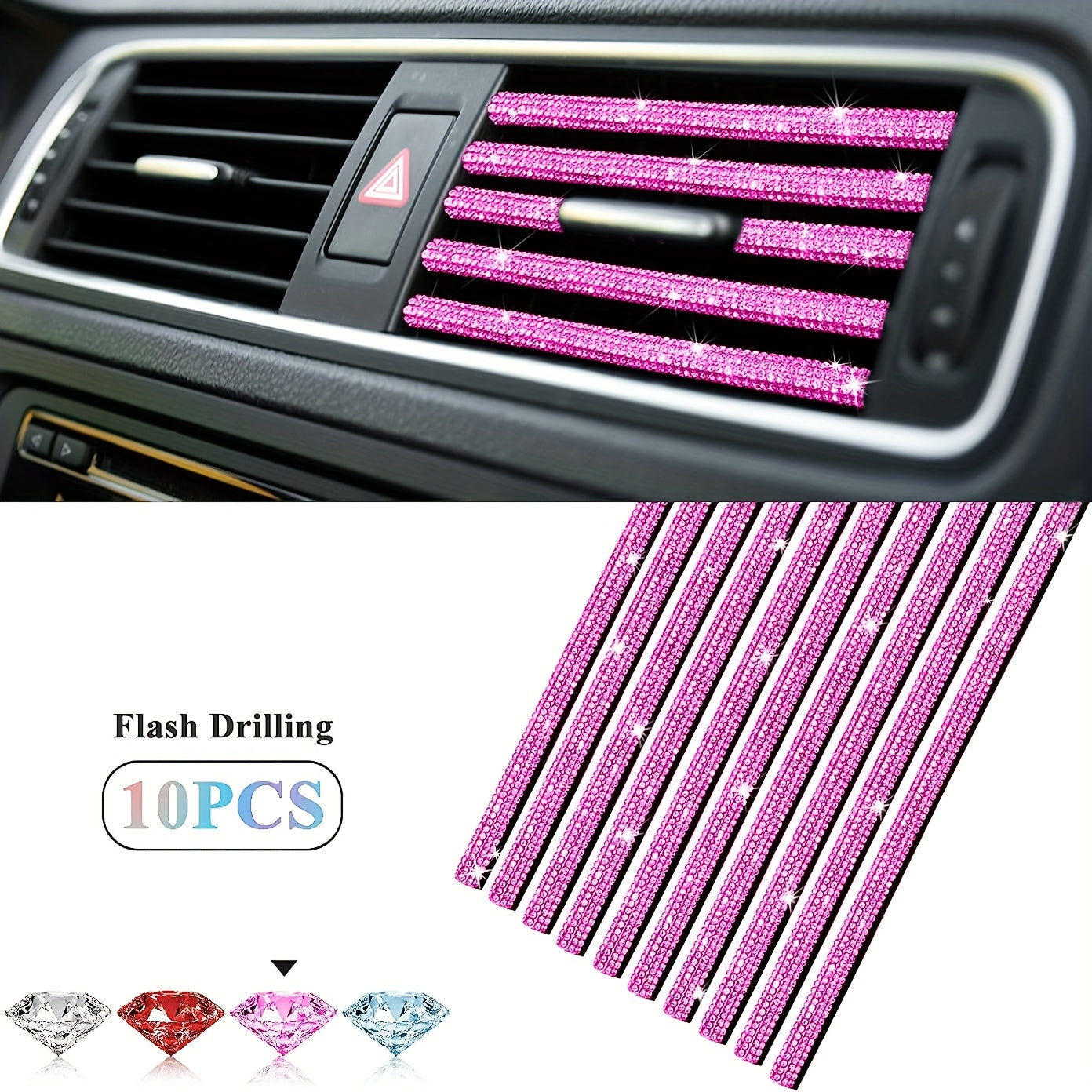 10pcs Sparkling Pink Rhinestone Car Vent Trim Strips - Durable Plastic, Glam Bling Air Conditioner Outlet Decorations for Stylish Interior Upgrade, Car Air Vent Accessories