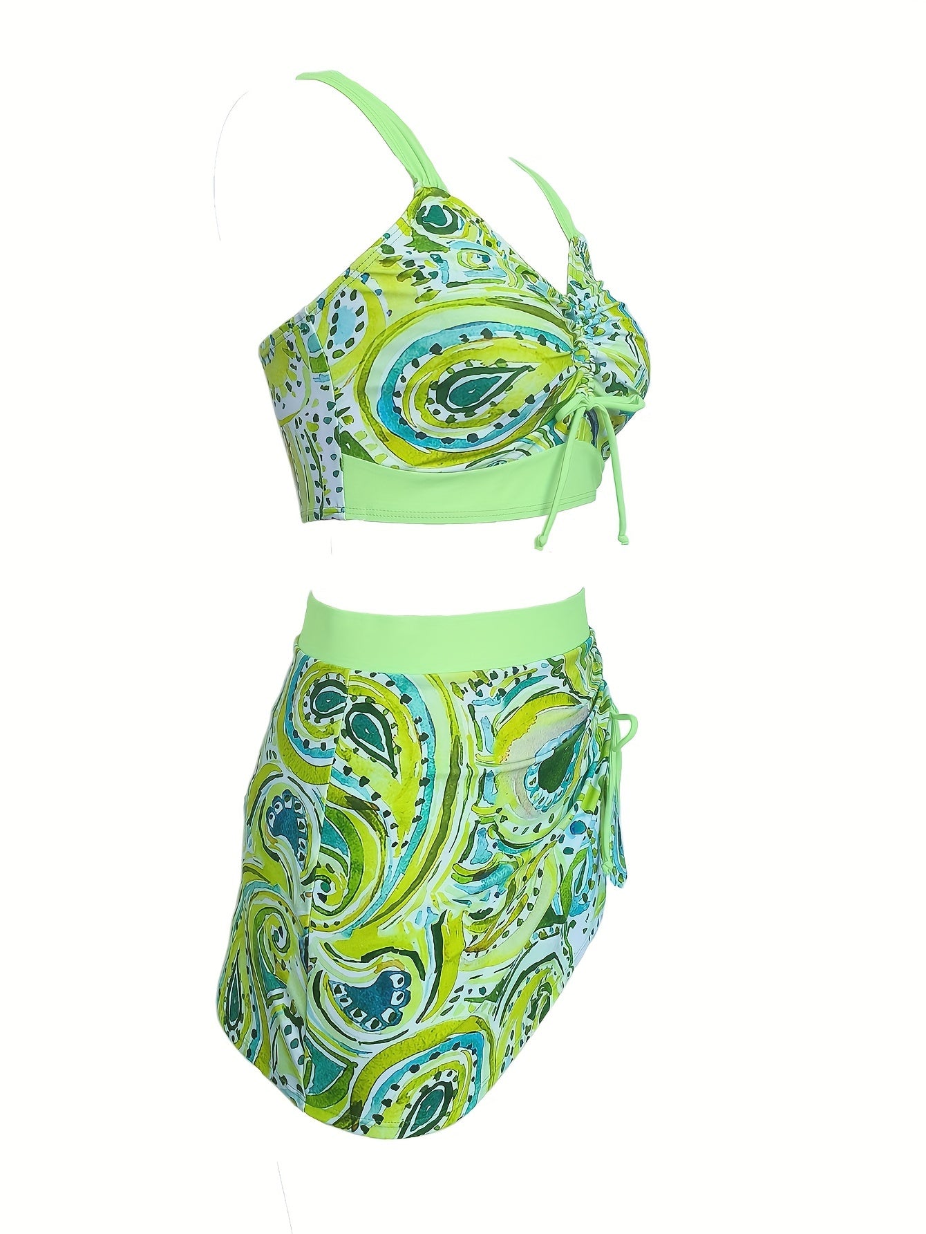 3-Piece Allure Bikini Set with High-Cut V-Neck & Ruched Detail - Includes Split Cover-Up Skirt for Beachwear & Poolside Fashion.