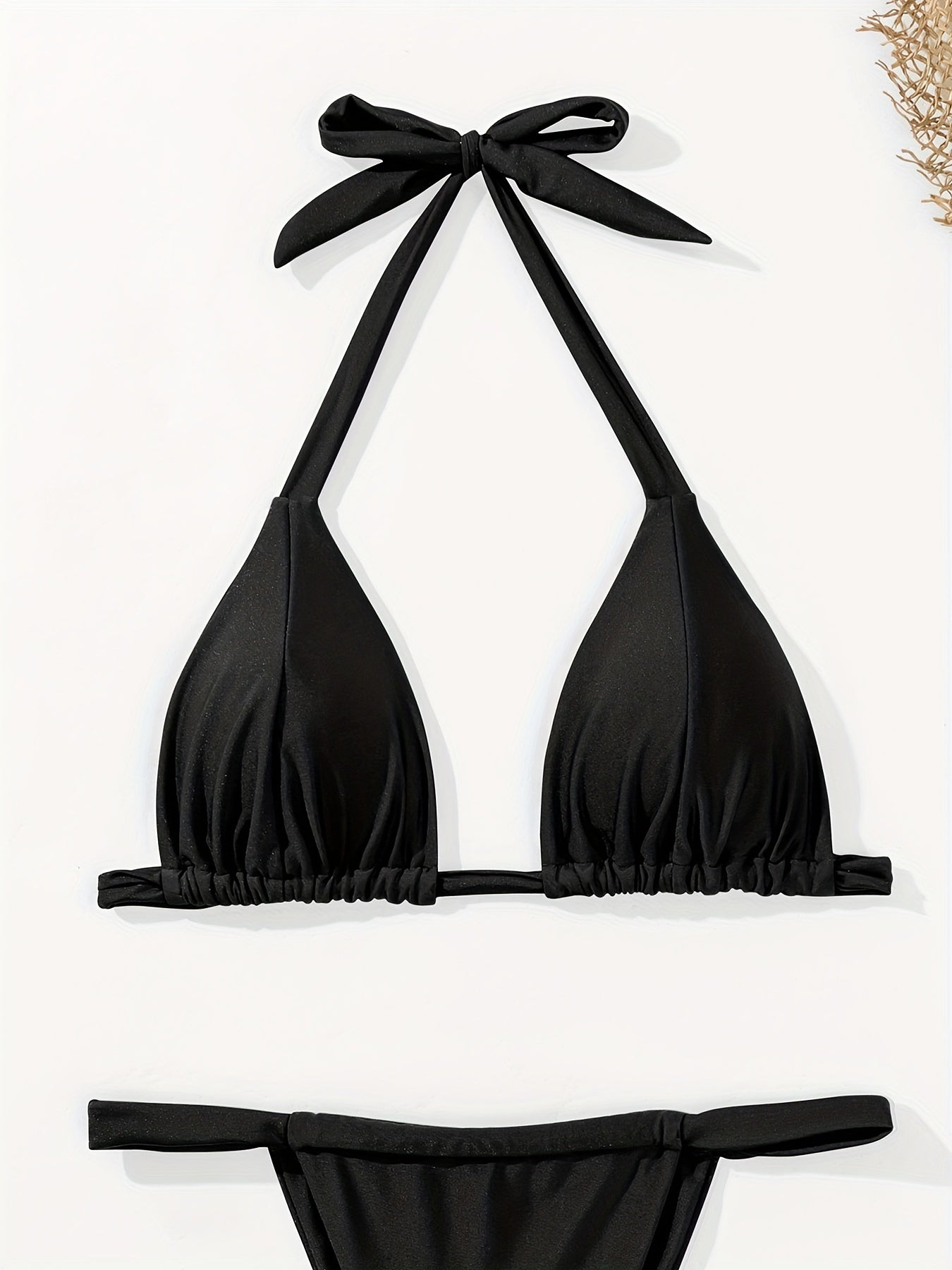 2 Piece Solid Color Halter V Neck Backless High Cut Thong Bikini Swimsuits - Lace Up, High Stretch Nylon Fabric, Customized Knit Swimwear - Womens Summer Beachwear & Vacation Clothing