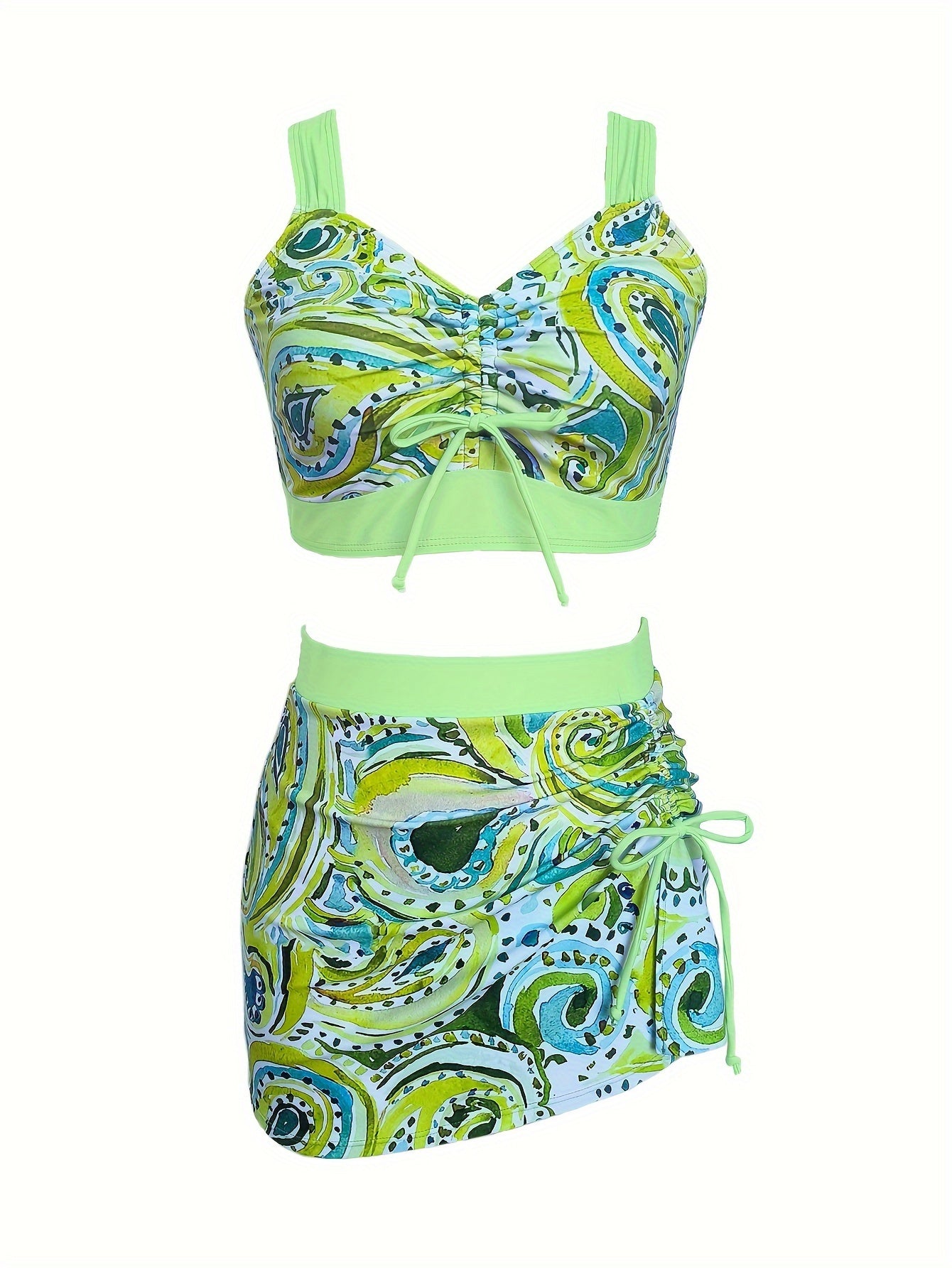 3-Piece Allure Bikini Set with High-Cut V-Neck & Ruched Detail - Includes Split Cover-Up Skirt for Beachwear & Poolside Fashion.