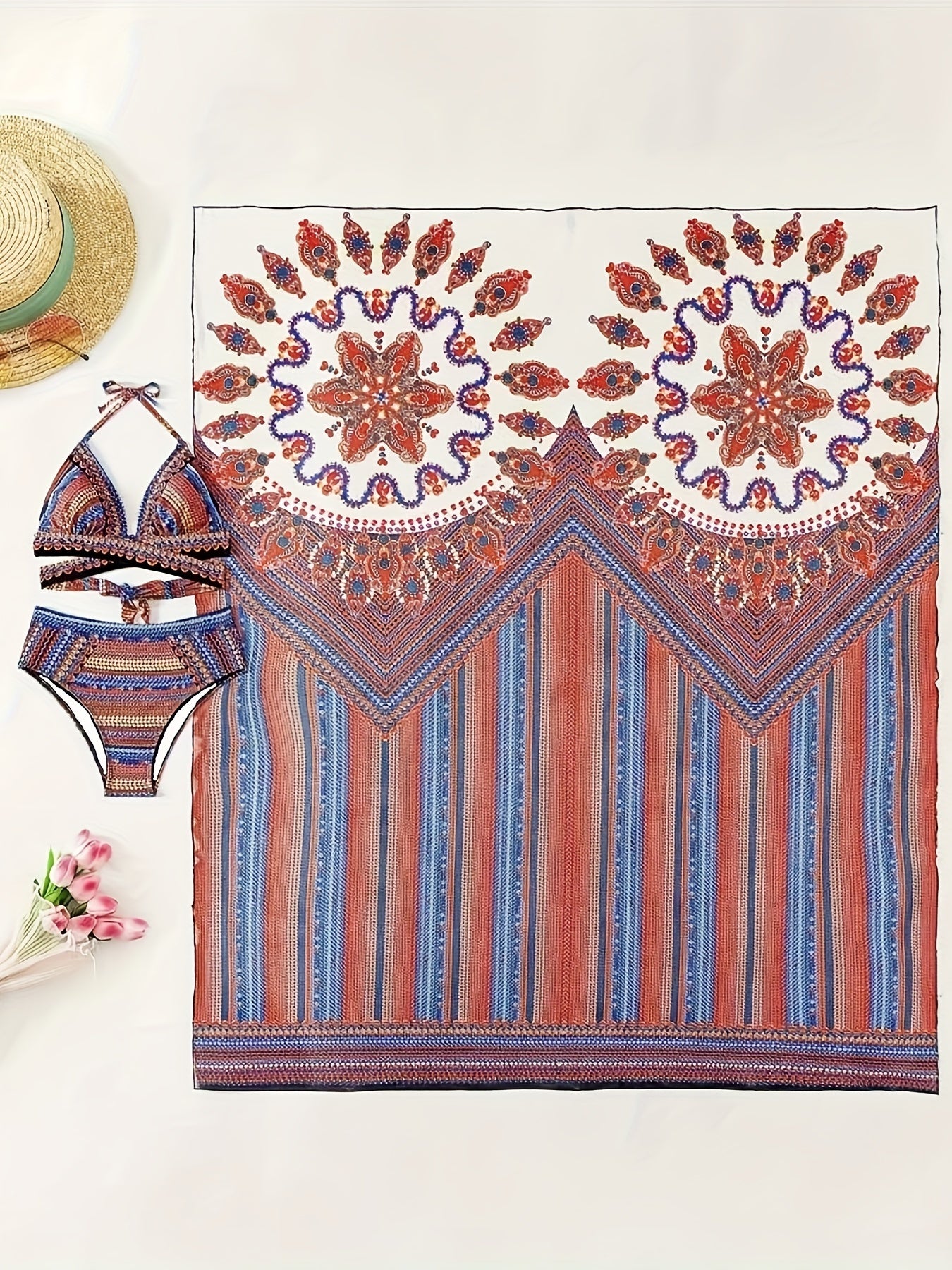 3 Piece Tropical Print V Neck High Waist Bikini Set - Medium Stretch, Cross Strap, Mesh Cover Up, Sleeveless, Polyester Swimsuits for Women - Perfect for Swimming and Beachwear