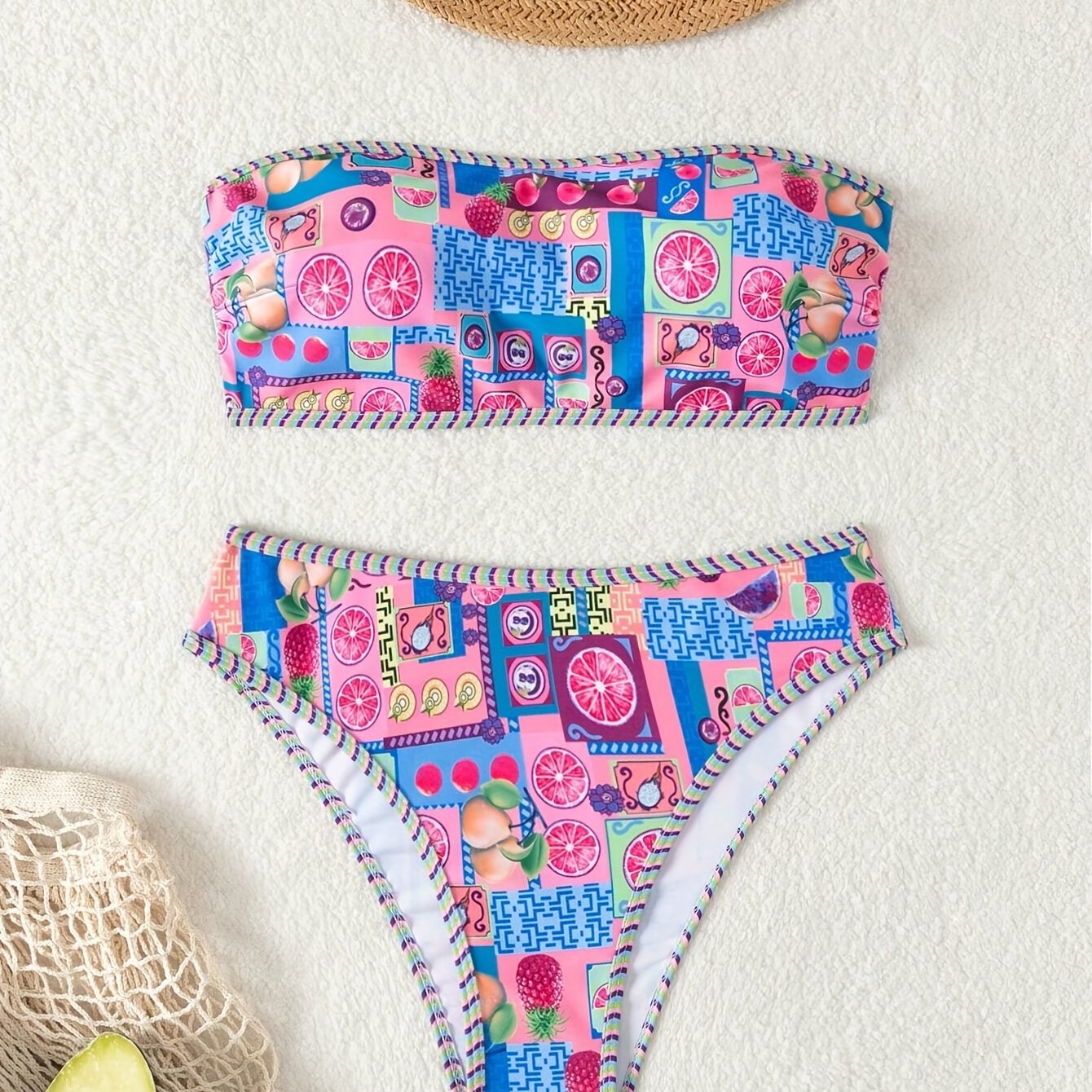 Vibrant Fruit Print High Cut Two-Piece Strapless Bikini Set - Fashionable Beachwear with Adjustable Straps, Padded Cups, and Ruffled Trim - Perfect Women's Summer Swimwear for Beach, Pool, or Vacation