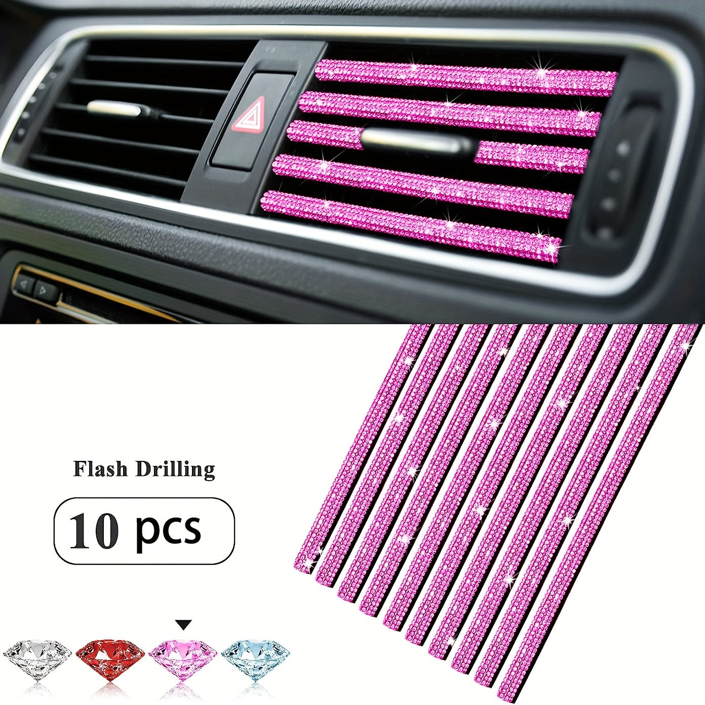 10pcs Sparkling Pink Rhinestone Car Vent Trim Strips - Durable Plastic, Glam Bling Air Conditioner Outlet Decorations for Stylish Interior Upgrade, Car Air Vent Accessories