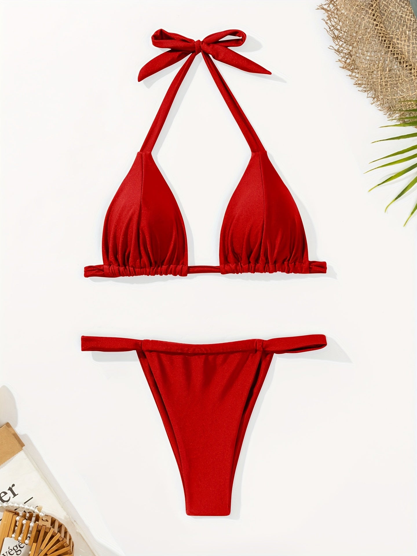 2 Piece Solid Color Halter V Neck Backless High Cut Thong Bikini Swimsuits - Lace Up, High Stretch Nylon Fabric, Customized Knit Swimwear - Womens Summer Beachwear & Vacation Clothing