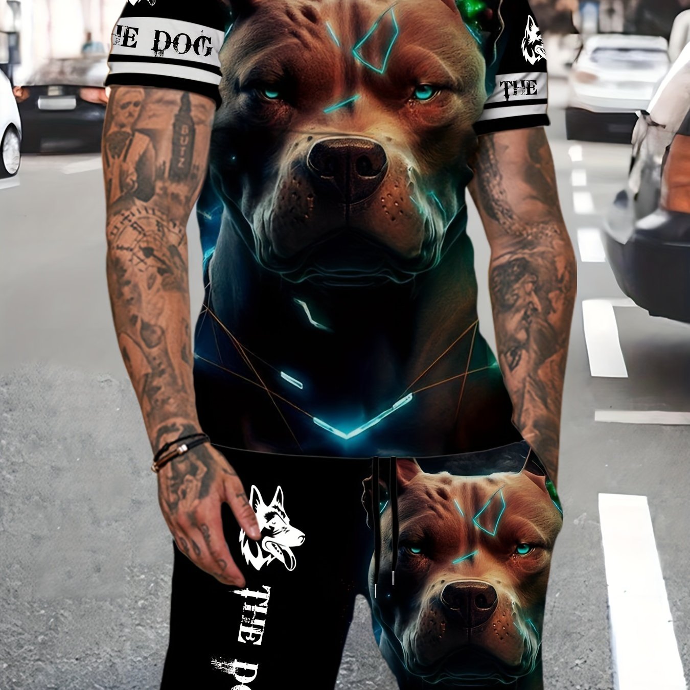 2pcs Novelty Dog 3D Print T-Shirt and Shorts Set for Men, Polyester Knit Fabric, Crew Neck, Slight Stretch, Regular Fit, Casual Sports Style, All-Season Beachwear, Festive & Weekend Outfit