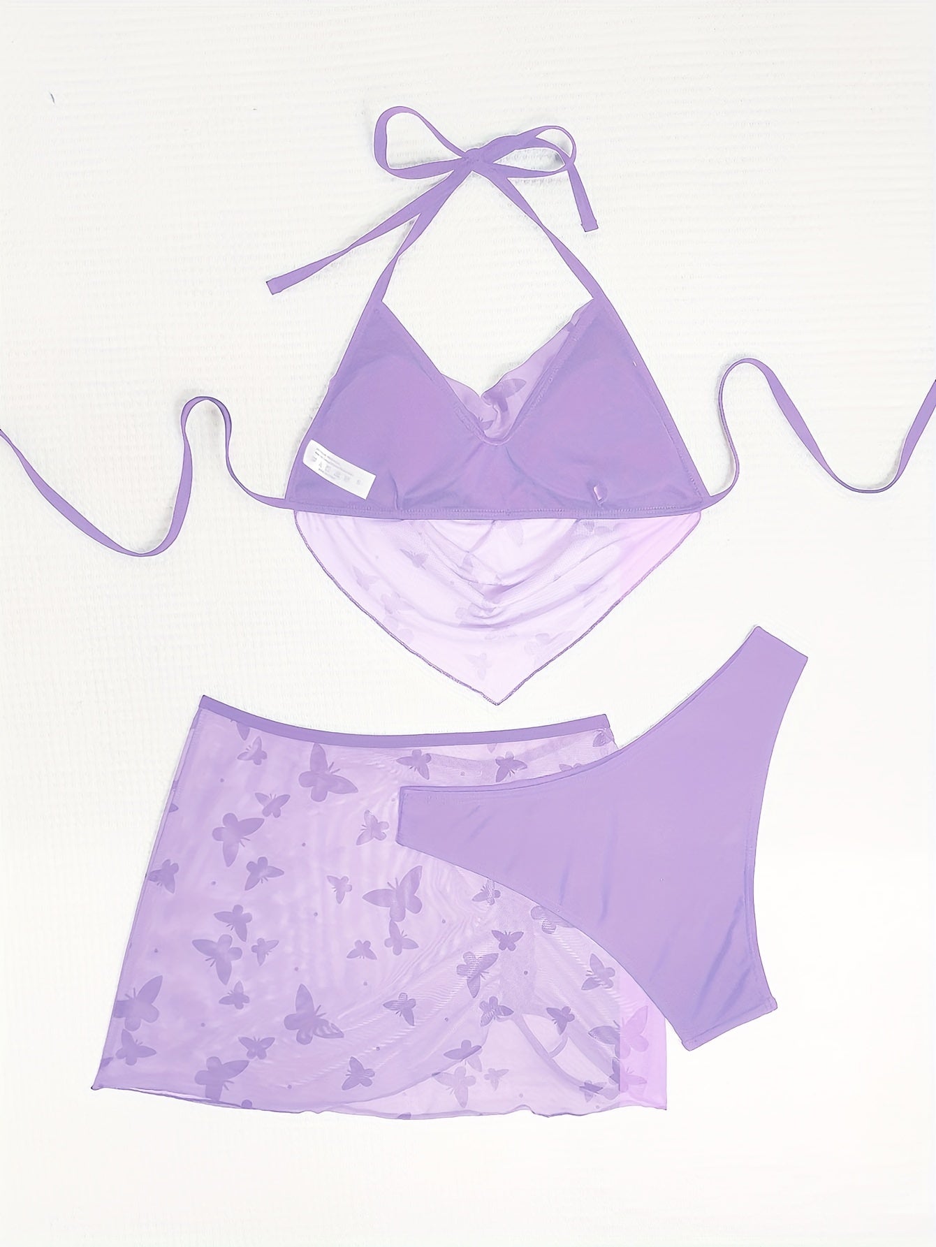 3 Piece Butterfly Print Bikini Set - Halter Neck, Hanky Hem, High Cut, Cover Up Skirt - Women's Swimwear, Beachwear, Summer Clothing, Vacation Essentials