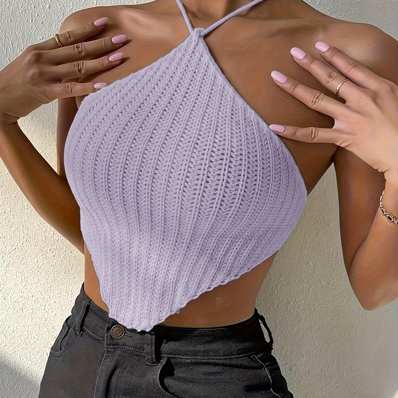 Women's Elegant Halter Neck Top - No Back Crossed Straps Solid Color Short Sleeve Beachwear, All-Season Versatile Casual & Formal Shirt, Beach Clothes, Soft Texture