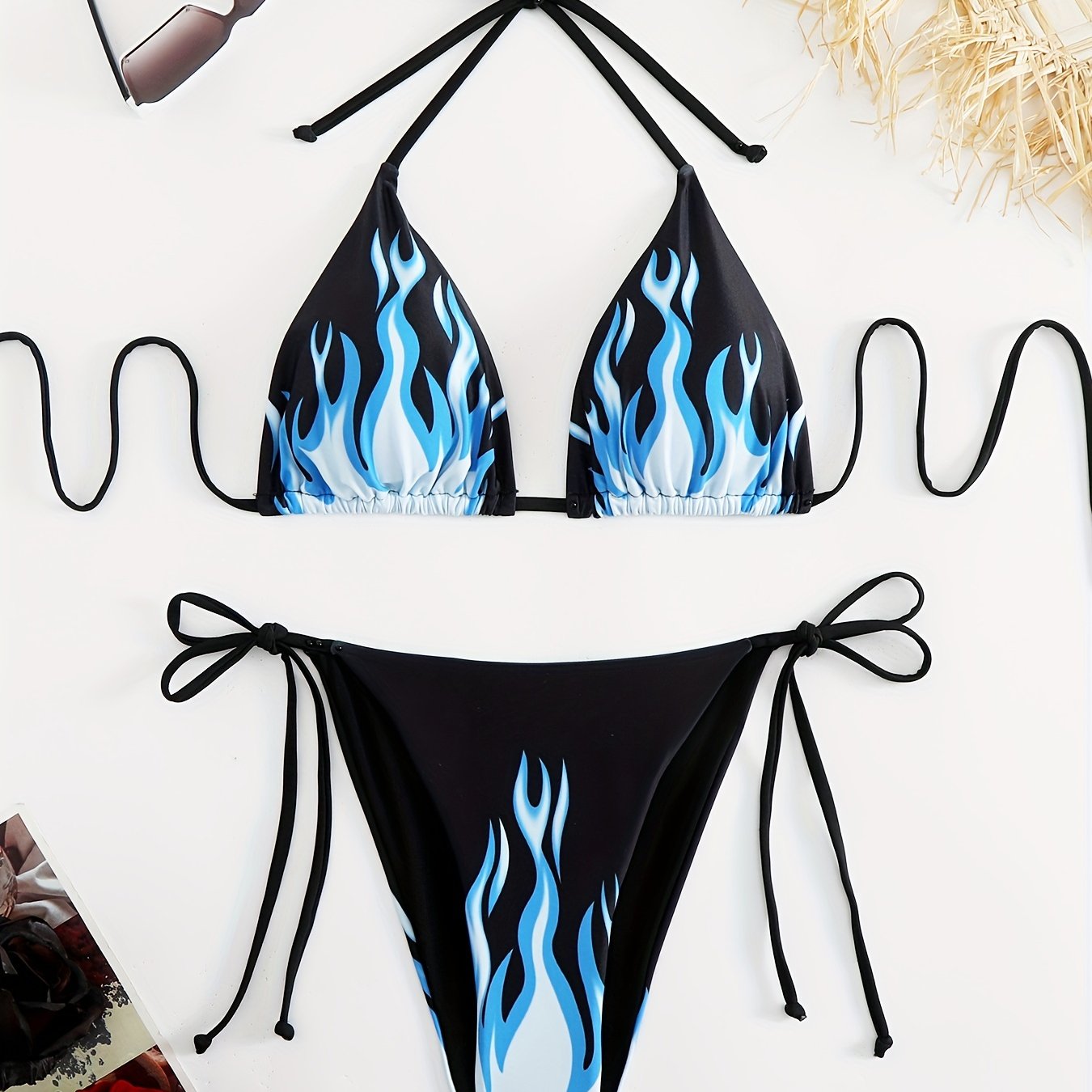 Flame Print Two-Piece Bikini Swimsuit, Beachwear, Women's Swimwear, Fire Design Bathing Suit, Adjustable Tie, Summer Fashion