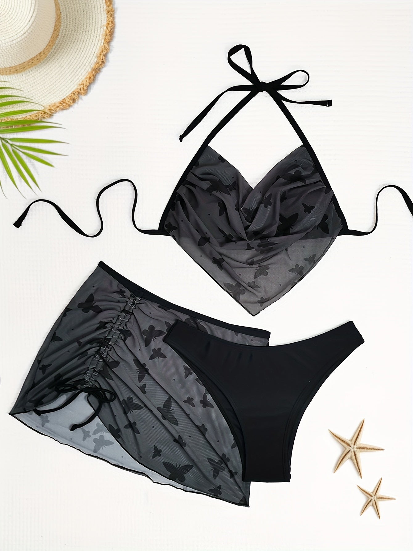 3 Piece Butterfly Print Bikini Set - Halter Neck, Hanky Hem, High Cut, Cover Up Skirt - Women's Swimwear, Beachwear, Summer Clothing, Vacation Essentials