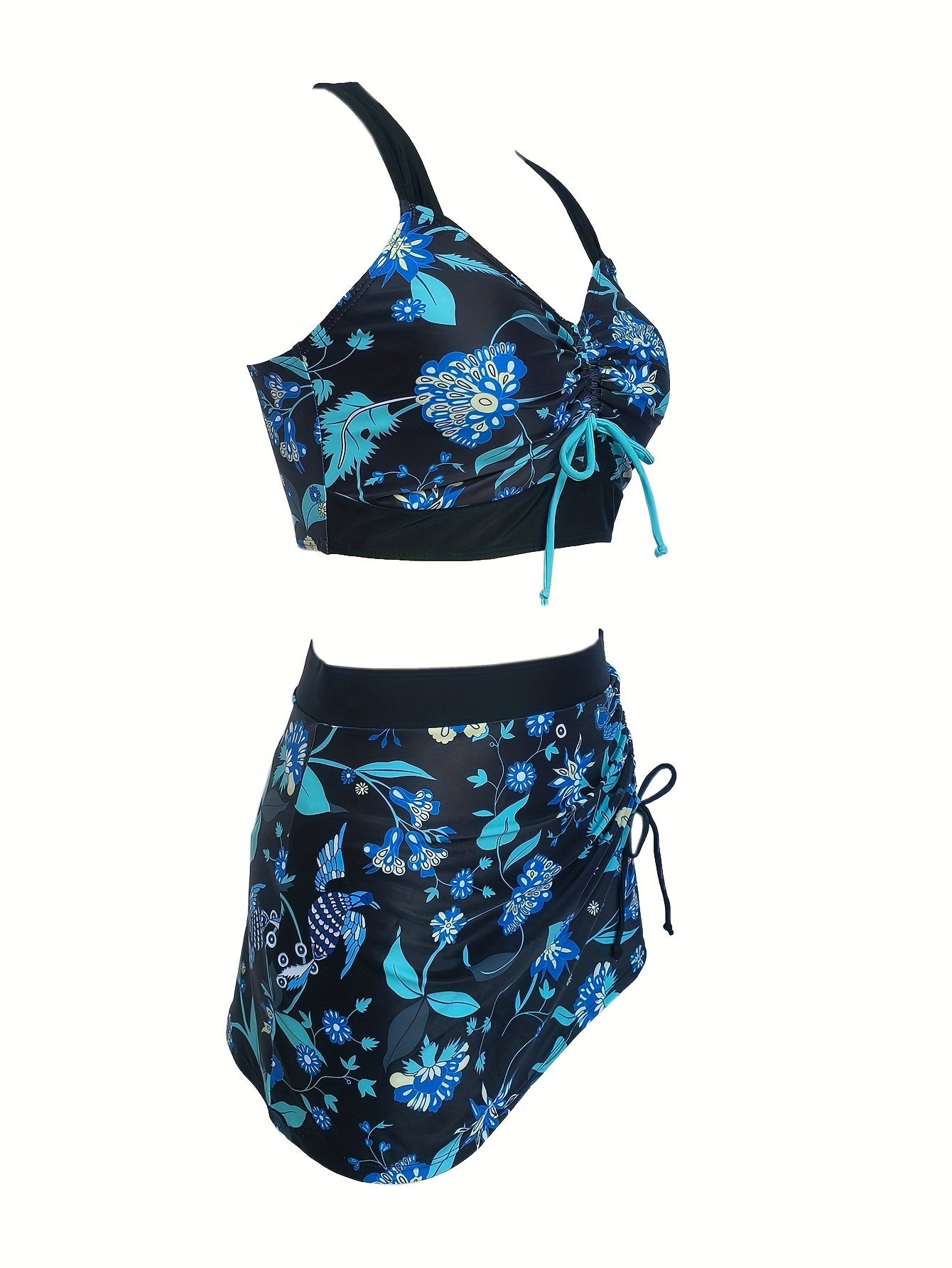 3-Piece Allure Bikini Set with High-Cut V-Neck & Ruched Detail - Includes Split Cover-Up Skirt for Beachwear & Poolside Fashion.