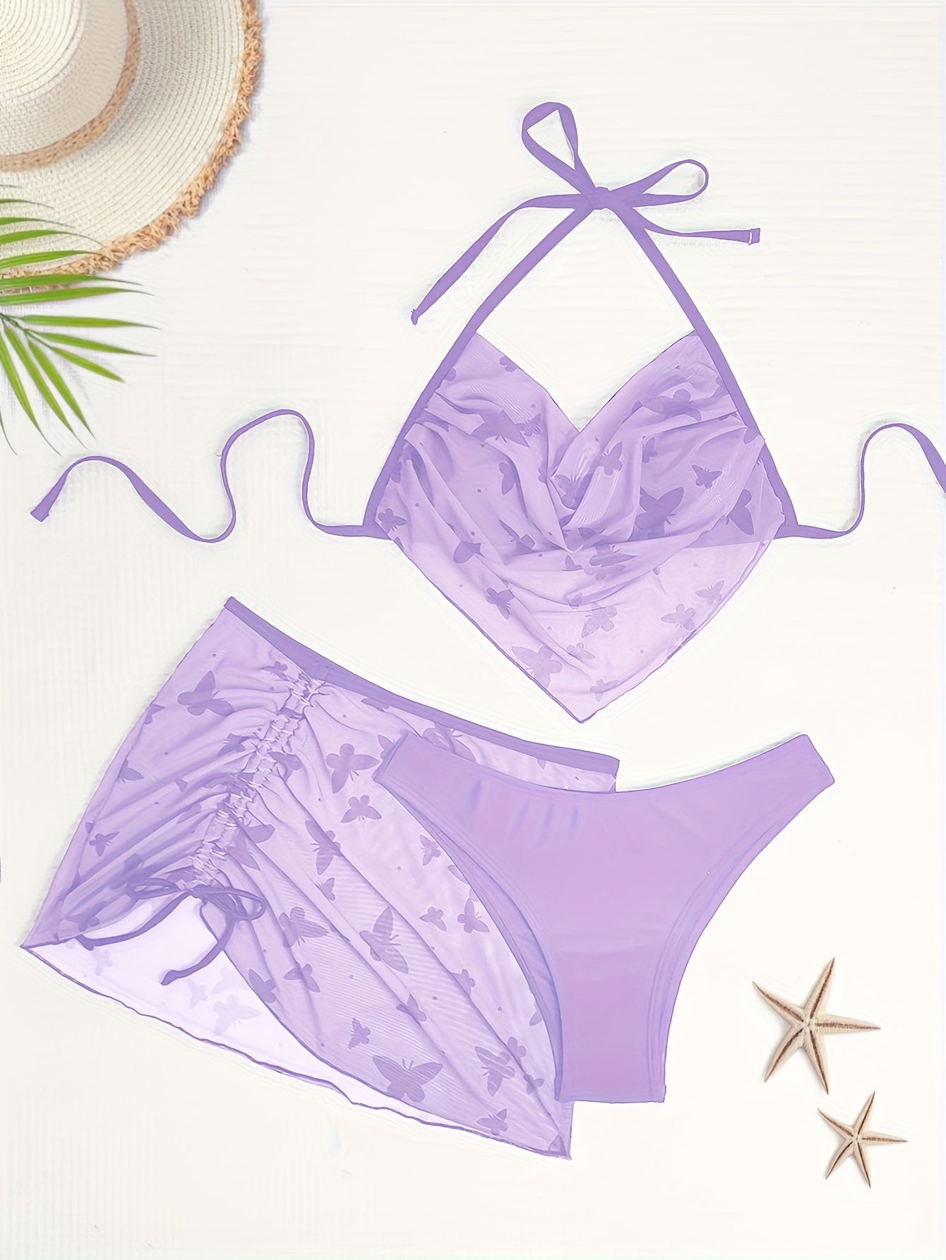 3 Piece Butterfly Print Bikini Set - Halter Neck, Hanky Hem, High Cut, Cover Up Skirt - Women's Swimwear, Beachwear, Summer Clothing, Vacation Essentials