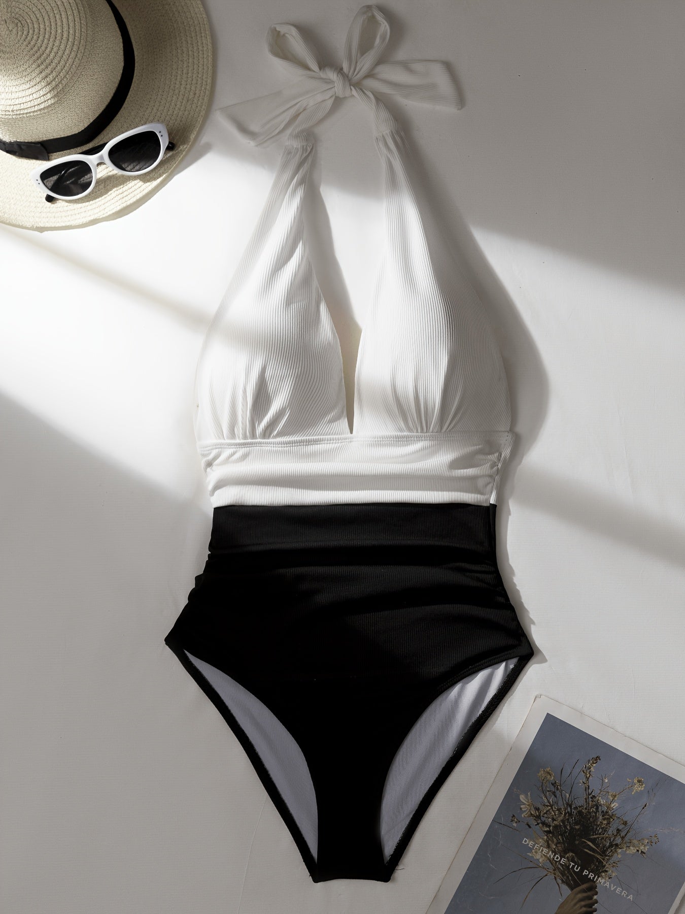 Womens Sexy Deep V Neck One Piece Swimsuit - High-Cut, Backless, Contrast Color Block Design, Tie Closure, Slight Stretch Polyester Fabric, Beachwear Essential for Summer