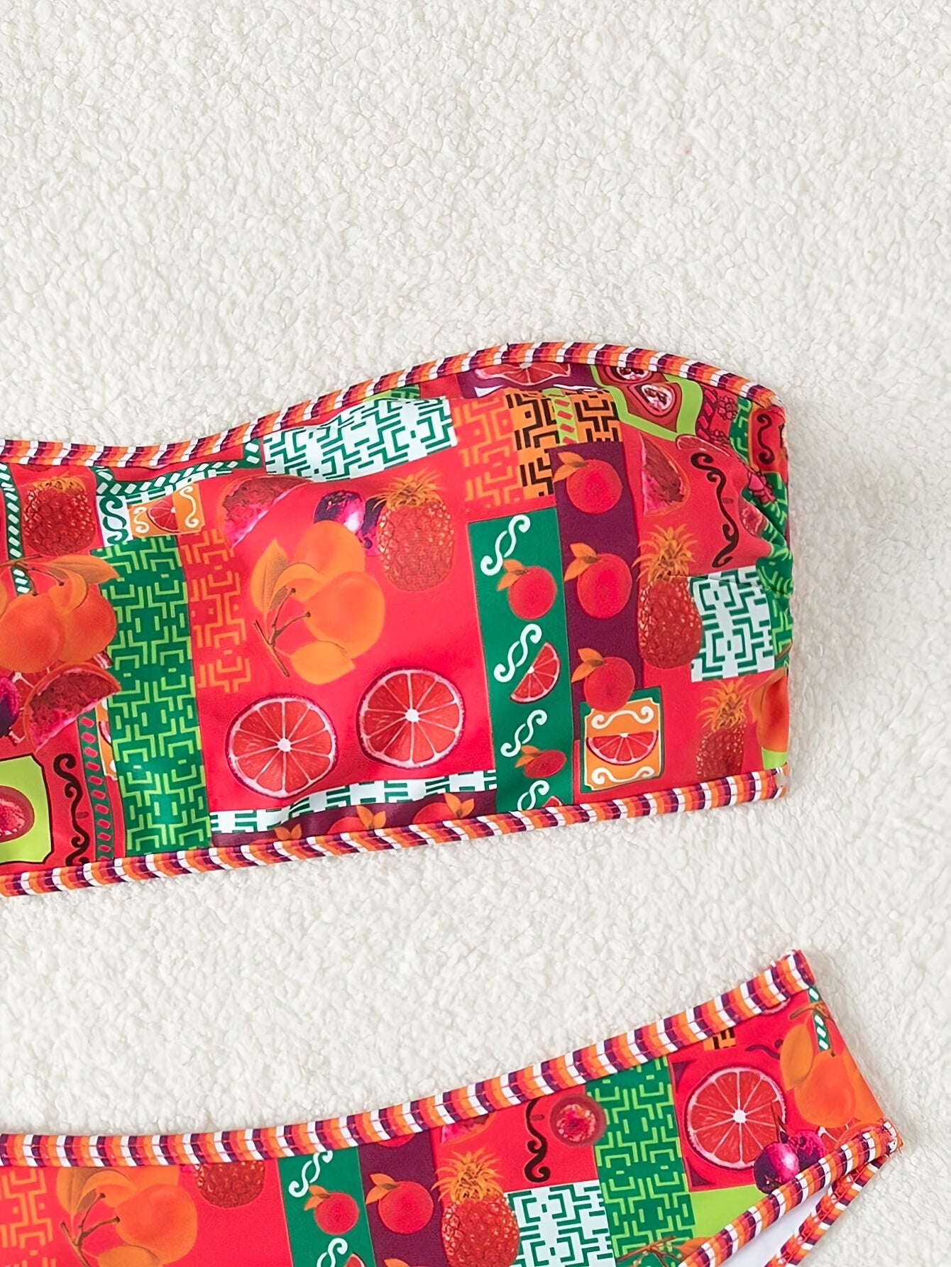 Vibrant Fruit Print High Cut Two-Piece Strapless Bikini Set - Fashionable Beachwear with Adjustable Straps, Padded Cups, and Ruffled Trim - Perfect Women's Summer Swimwear for Beach, Pool, or Vacation