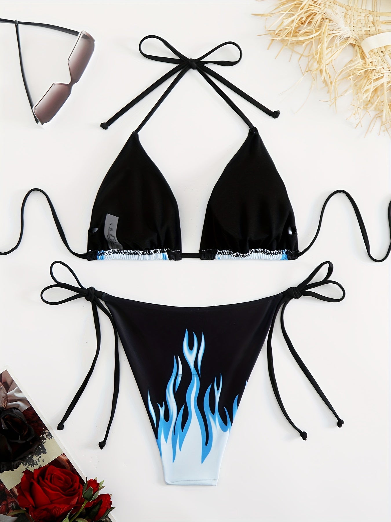 Flame Print Two-Piece Bikini Swimsuit, Beachwear, Women's Swimwear, Fire Design Bathing Suit, Adjustable Tie, Summer Fashion