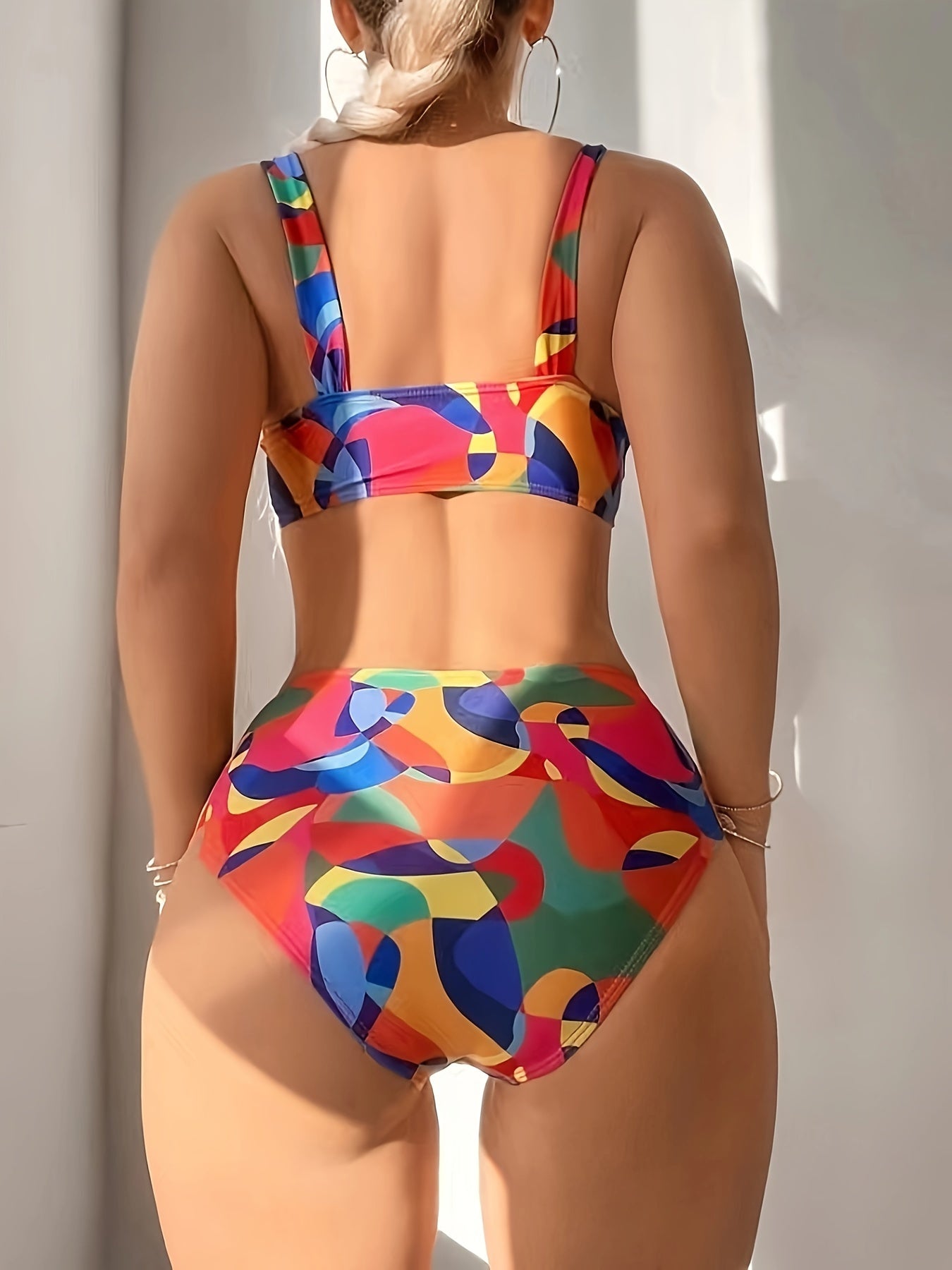 Women's High-Waisted Bikini Set, Colorful Color Block Abstract Print, Fashion Swimwear, Two-Piece Beachwear, Summer Poolside Outfit