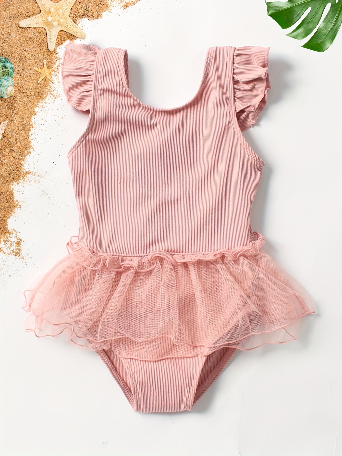 Cute Girls' Solid Swimsuit - Sleeveless Rib-knit Design, Ruffle Trim, Mesh Lace Skirts, Casual Beachwear for Holiday