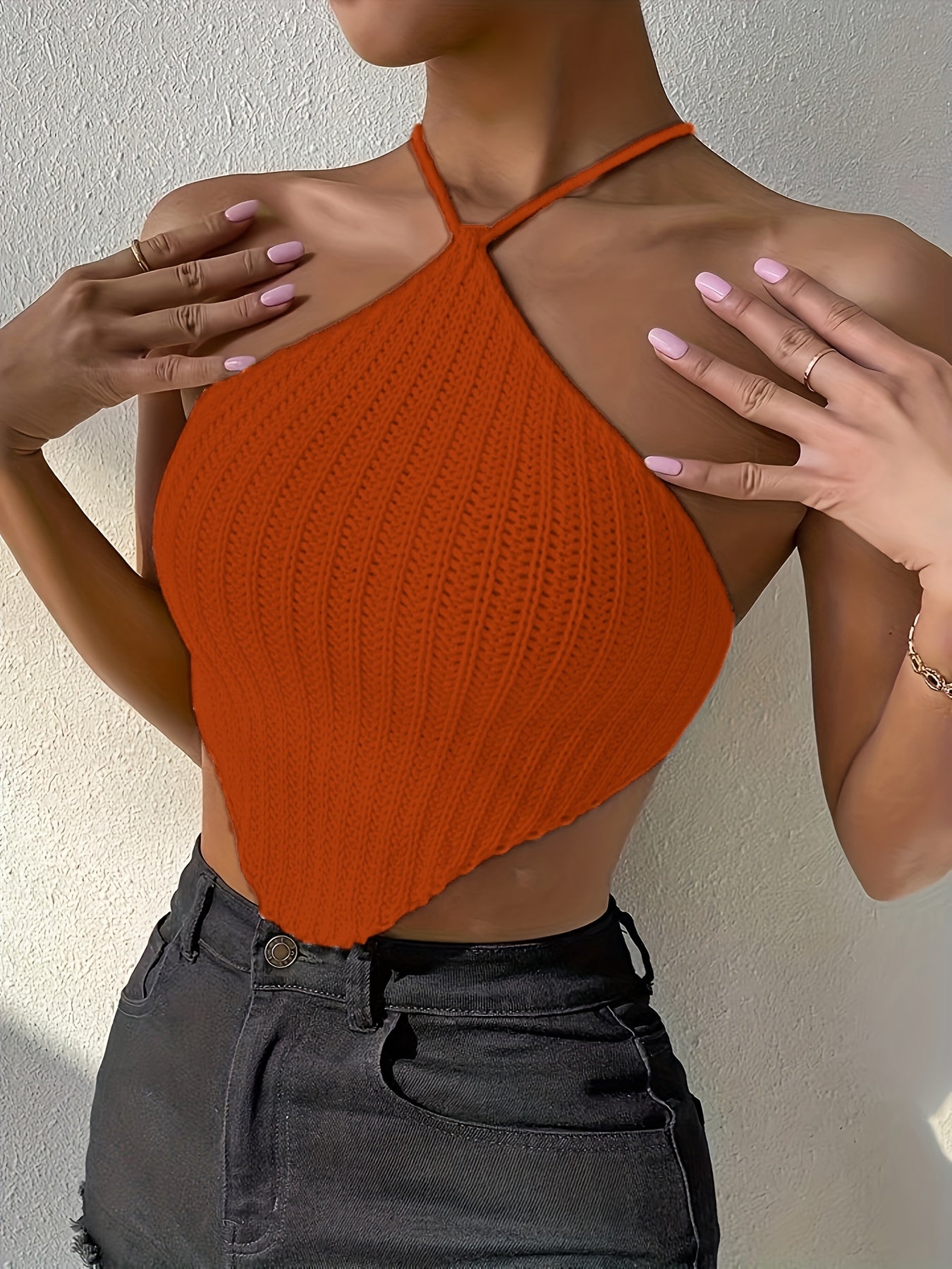 Women's Elegant Halter Neck Top - No Back Crossed Straps Solid Color Short Sleeve Beachwear, All-Season Versatile Casual & Formal Shirt, Beach Clothes, Soft Texture
