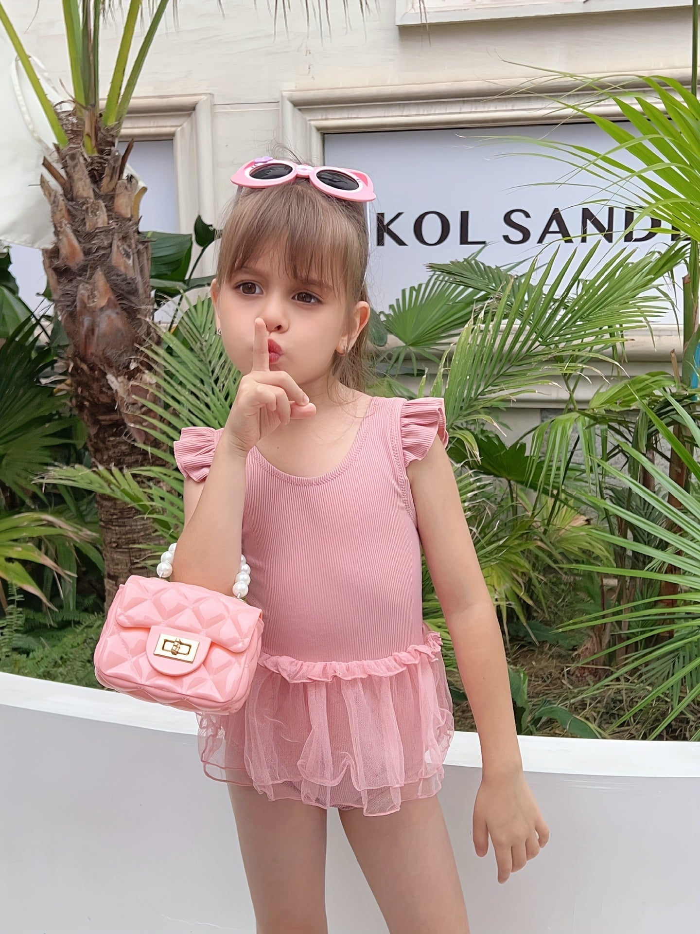 Cute Girls' Solid Swimsuit - Sleeveless Rib-knit Design, Ruffle Trim, Mesh Lace Skirts, Casual Beachwear for Holiday