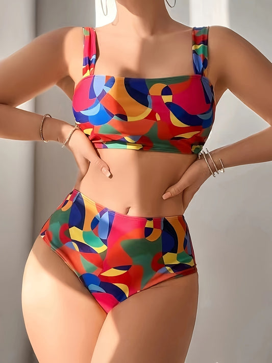 Women's High-Waisted Bikini Set, Colorful Color Block Abstract Print, Fashion Swimwear, Two-Piece Beachwear, Summer Poolside Outfit