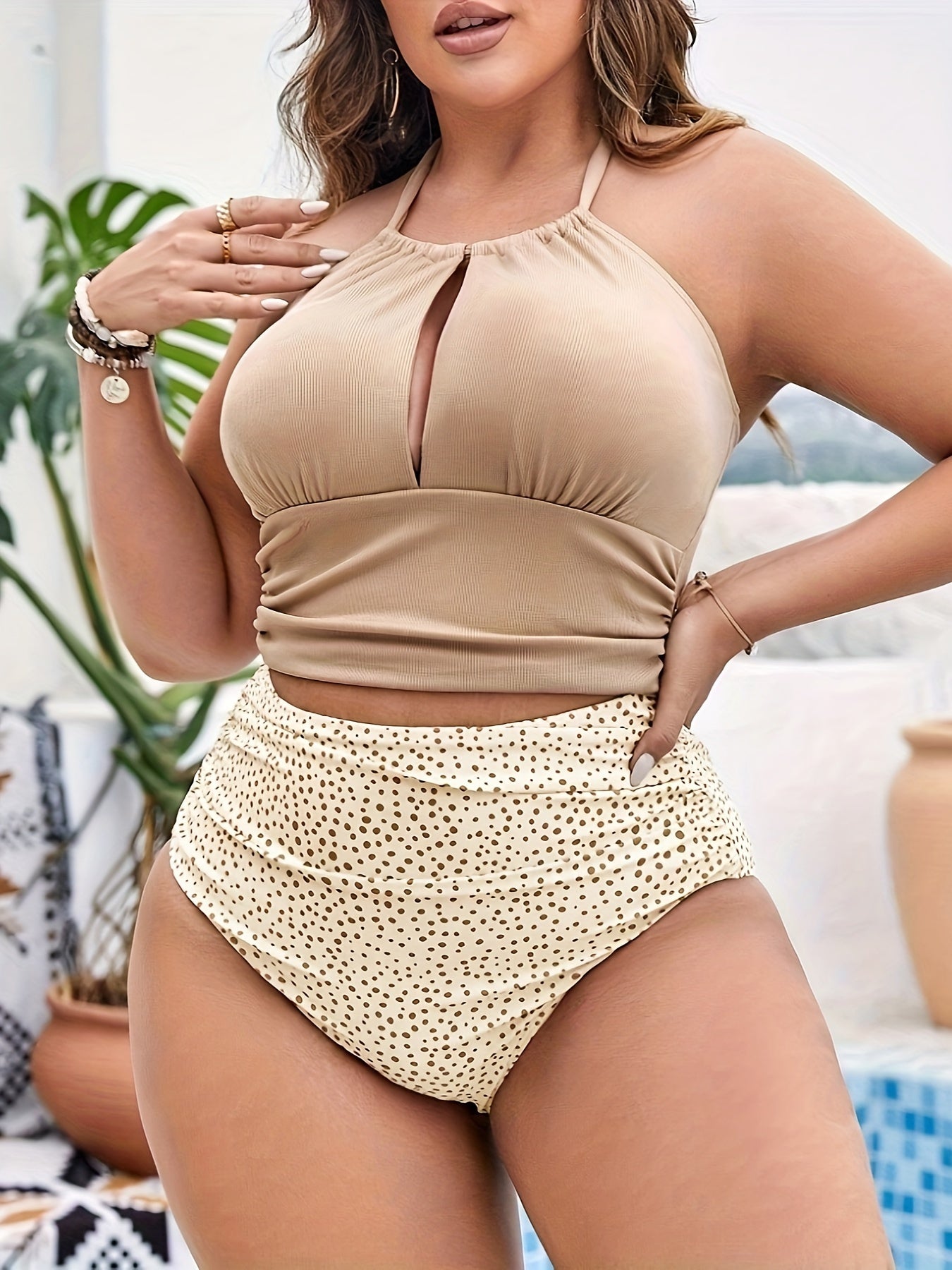 Plus Size High-Waisted Bikini Set, Halter Neck Top, Polka Dot Bottoms, Swimwear, Sexy Style, Beachwear, Pool Party Essential, Summer Fashion
