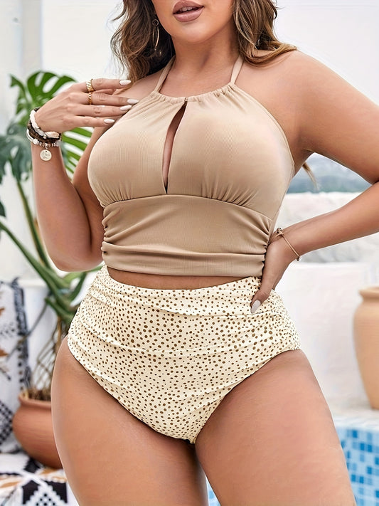 Plus Size High-Waisted Bikini Set, Halter Neck Top, Polka Dot Bottoms, Swimwear, Sexy Style, Beachwear, Pool Party Essential, Summer Fashion