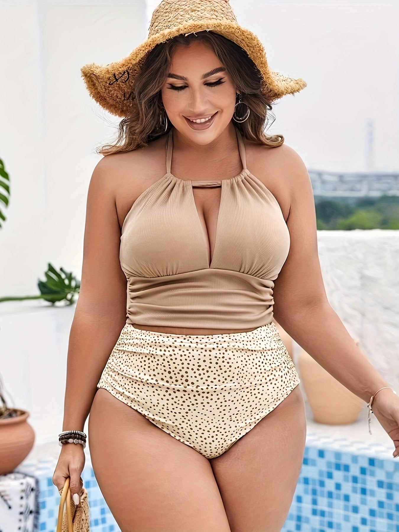 Plus Size High-Waisted Bikini Set, Halter Neck Top, Polka Dot Bottoms, Swimwear, Sexy Style, Beachwear, Pool Party Essential, Summer Fashion