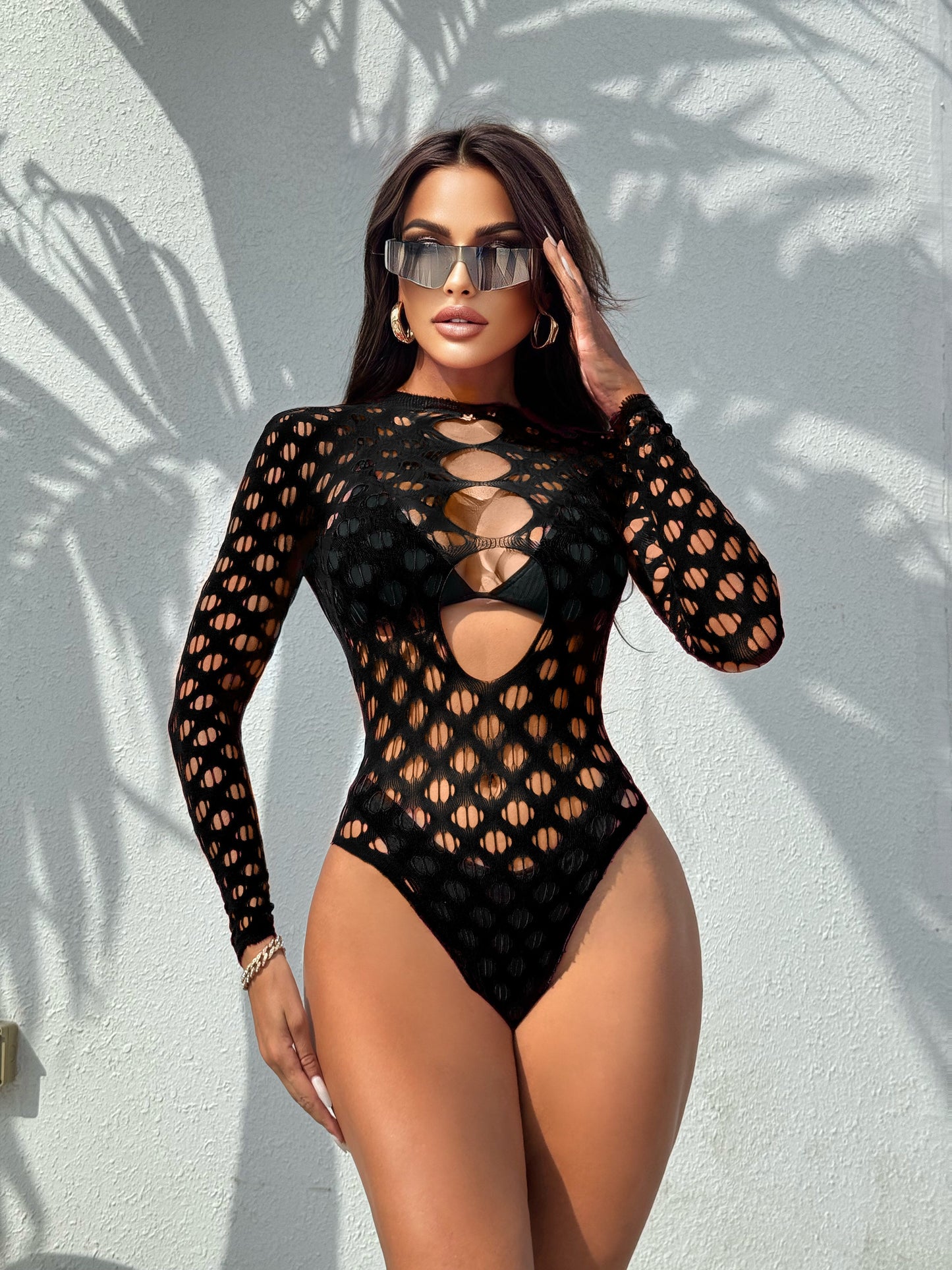 Sultry Fishnet Long Sleeve Cover-Up Swimsuit - See-Through, Hollow-Out Design, Beachwear, Valentine's Day Essential, Women's Swimwear & Clothing for a Sexy, Confident You