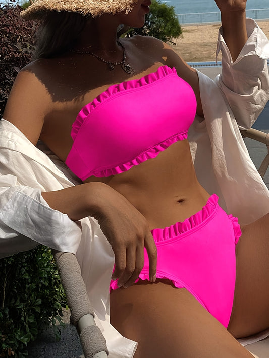 Women's Sexy Bandeau Frill Trim Bikini Set, High Cut, Fashion Swimwear, Beachwear, Vibrant Color, Off-Shoulder Design