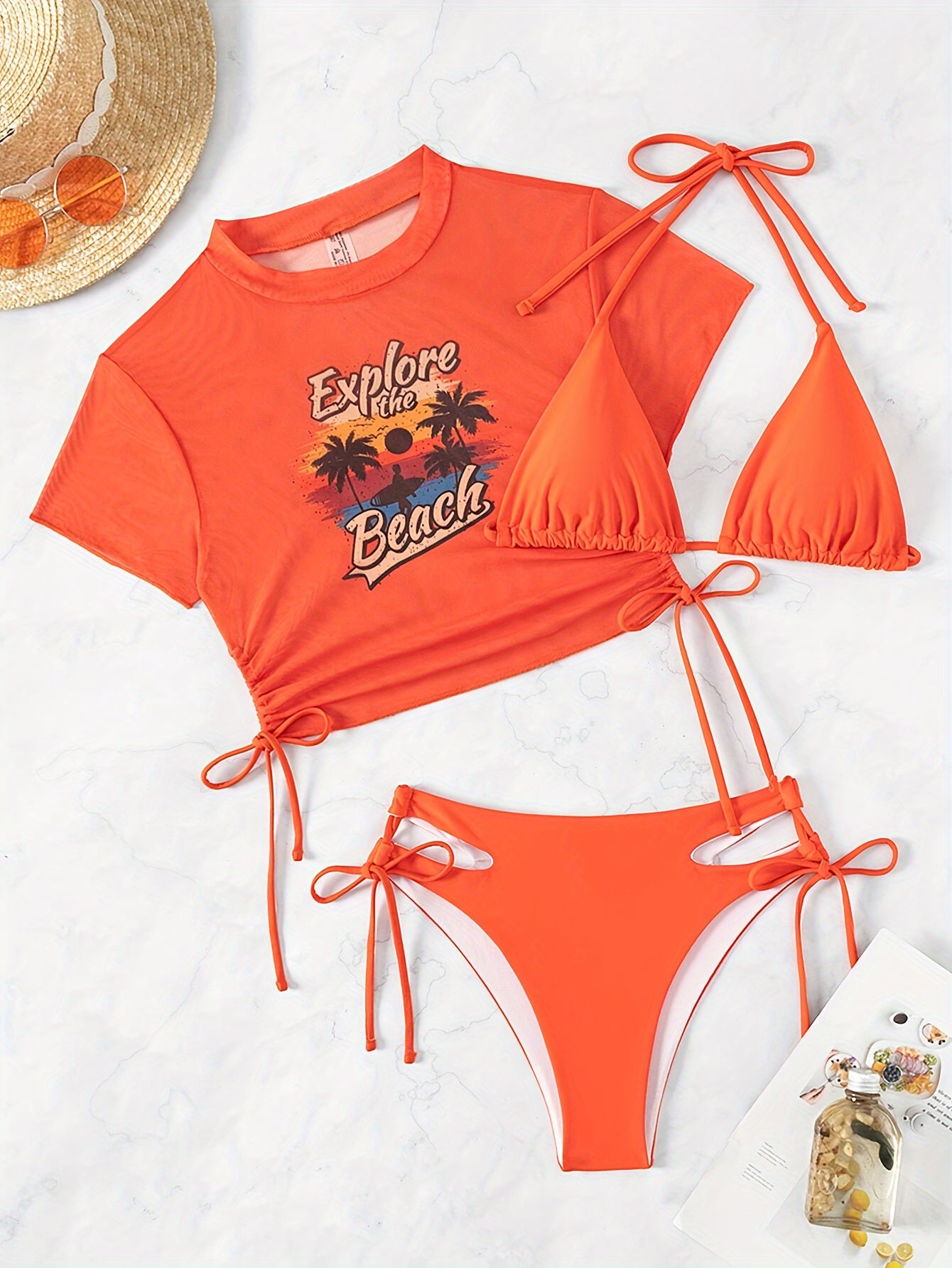 Women's Bikini Set, Three-piece Swimsuit With Short Sleeve Cover-Up, High Cut Hollow-Out Tie Side Bottom, Sexy Swimwear, Beachwear