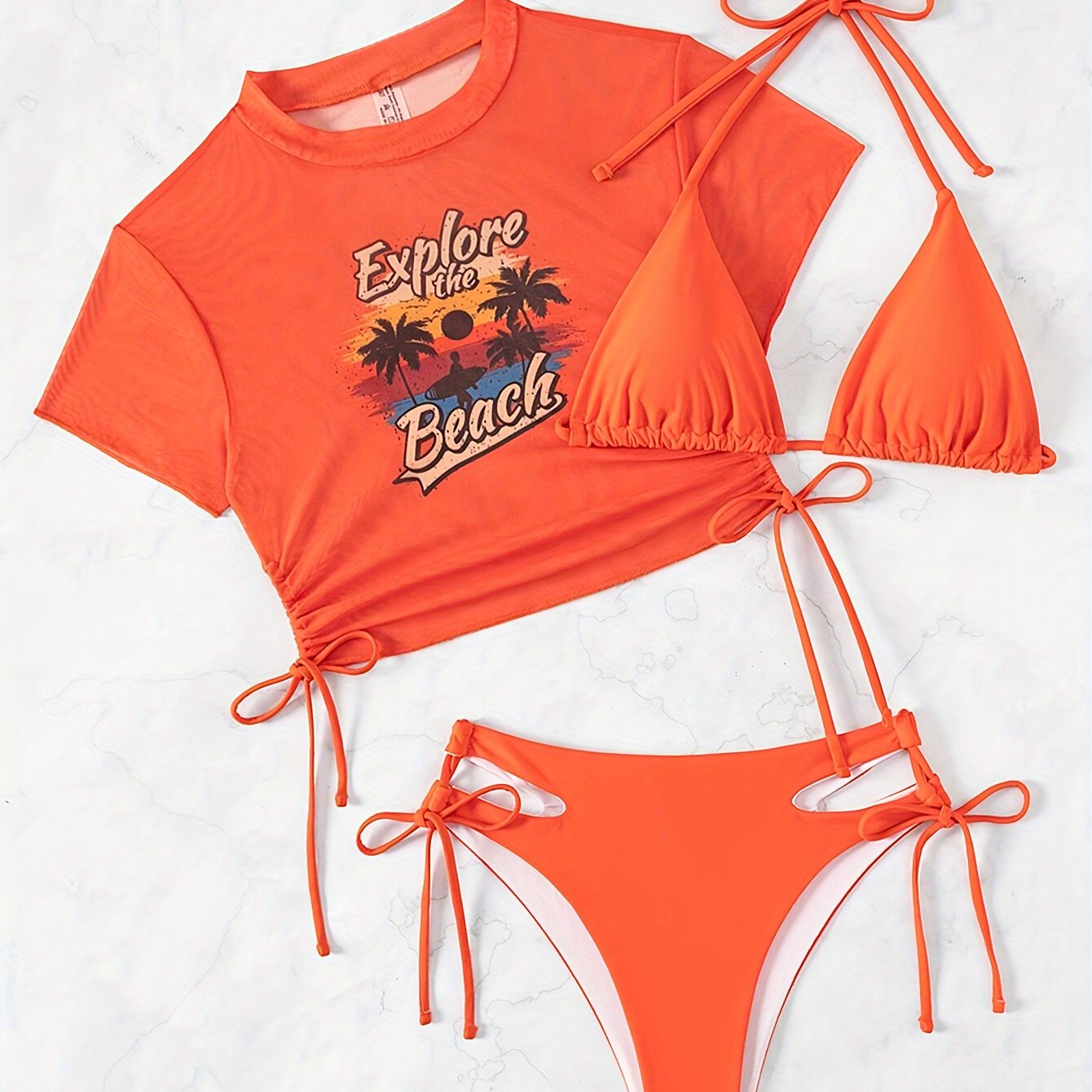 Women's Bikini Set, Three-piece Swimsuit With Short Sleeve Cover-Up, High Cut Hollow-Out Tie Side Bottom, Sexy Swimwear, Beachwear