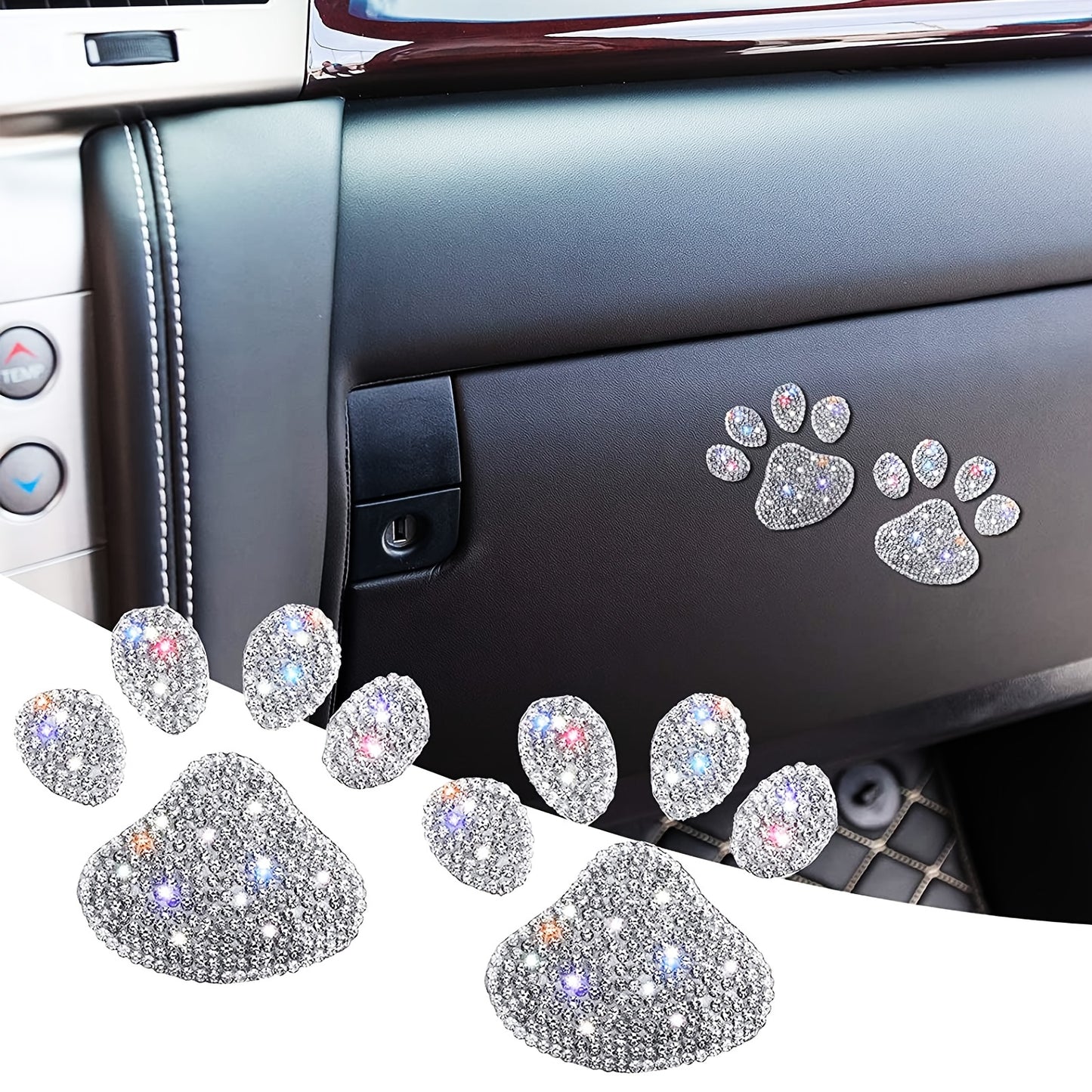 Sparkling Dog Paw Print Rhinestone Car Decal - Multicolor Glass Bling Sticker for Vehicle Interior, Fits Various Models, Cute Car Accessories