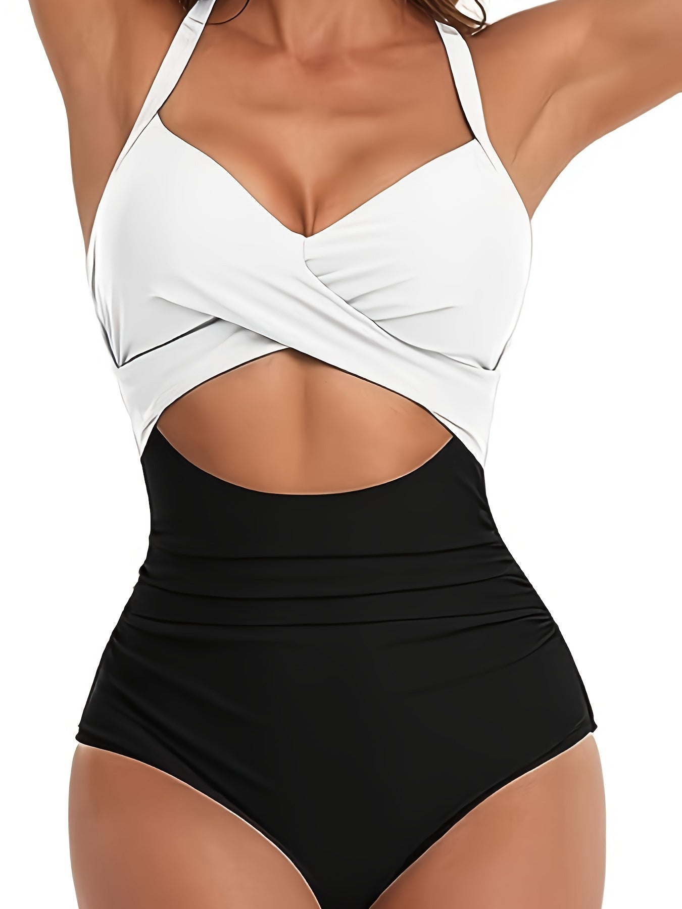 Womens Flattering Color Block One-Piece Swimsuit - Layered Cutout, Adjustable Cross Tie Back, Ruched Tummy Control, Sexy Beachwear Style - Perfect for a Fashion-Forward Look