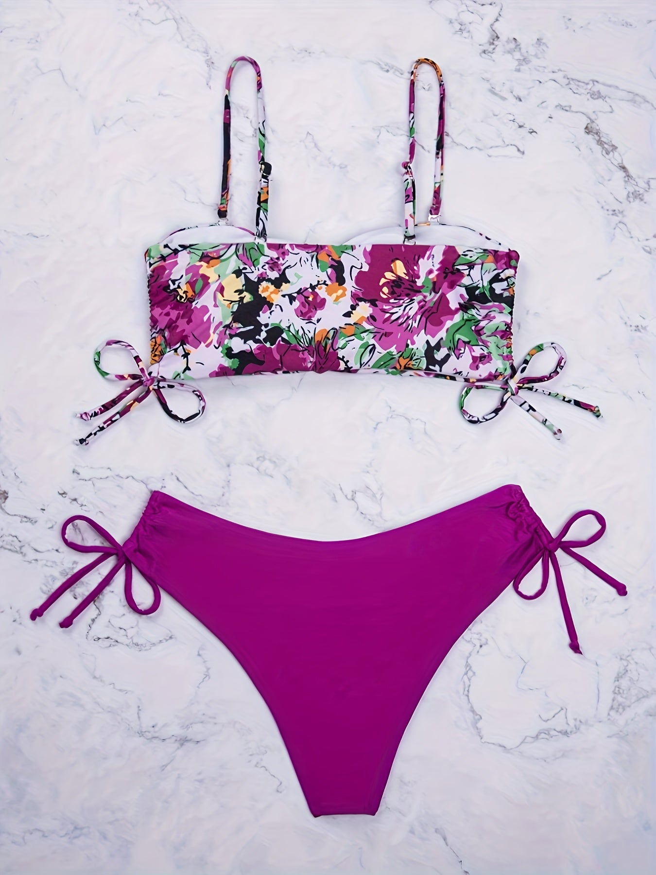 Bold Floral Print Bikini Set - 2 Piece, Adjustable Tie Sides, High-Waist, Sexy Swimwear for Women - Flattering Beachwear Ensemble