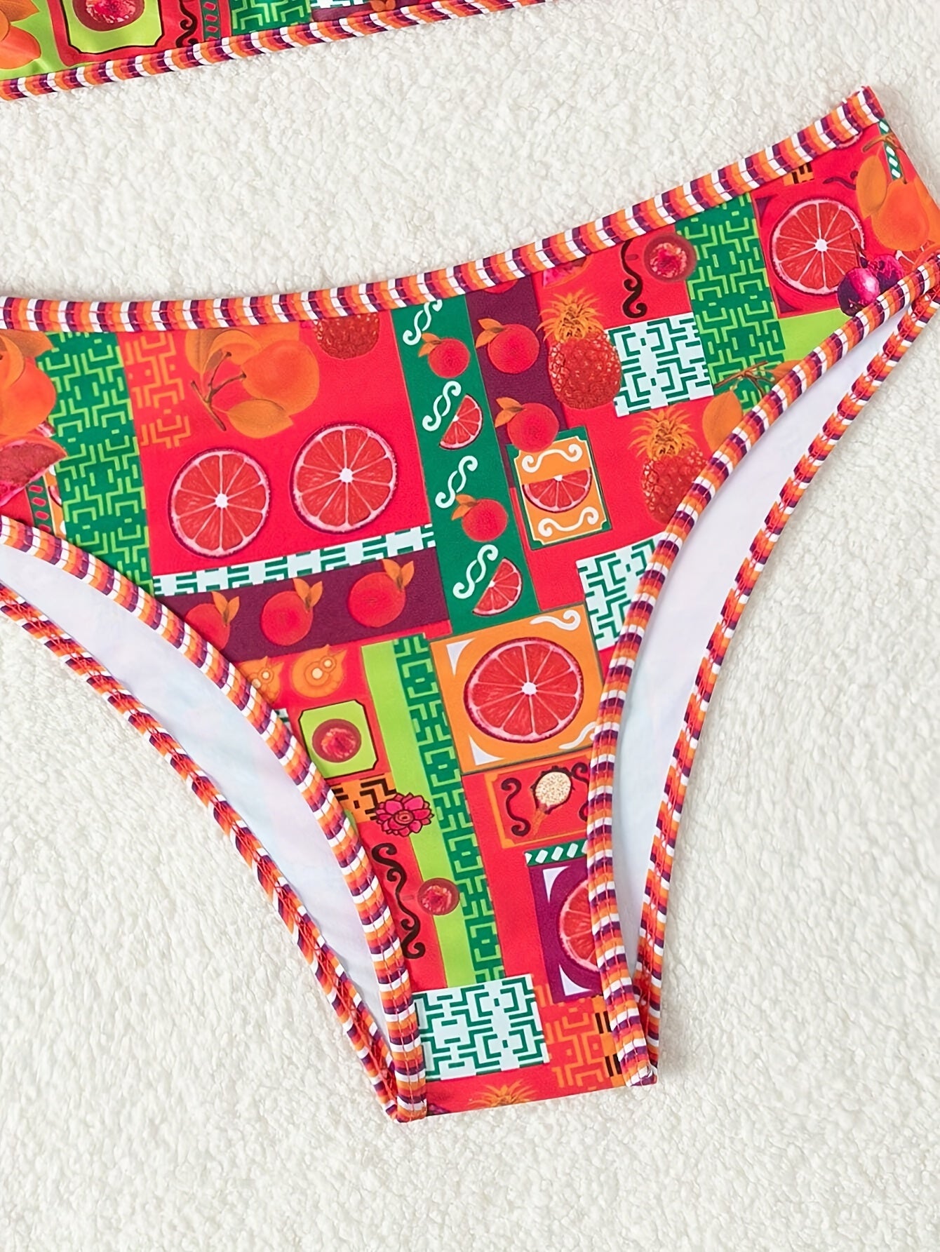 Vibrant Fruit Print High Cut Two-Piece Strapless Bikini Set - Fashionable Beachwear with Adjustable Straps, Padded Cups, and Ruffled Trim - Perfect Women's Summer Swimwear for Beach, Pool, or Vacation