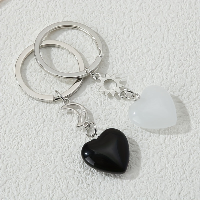 2pcs Heart Stone Keychain Moon & Sun Key Ring Purse Bag Backpack Car Key Charm BFF Friends Couples Valentine's Day Gift
