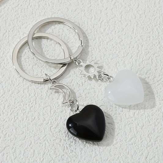 2pcs Heart Stone Keychain Moon & Sun Key Ring Purse Bag Backpack Car Key Charm BFF Friends Couples Valentine's Day Gift