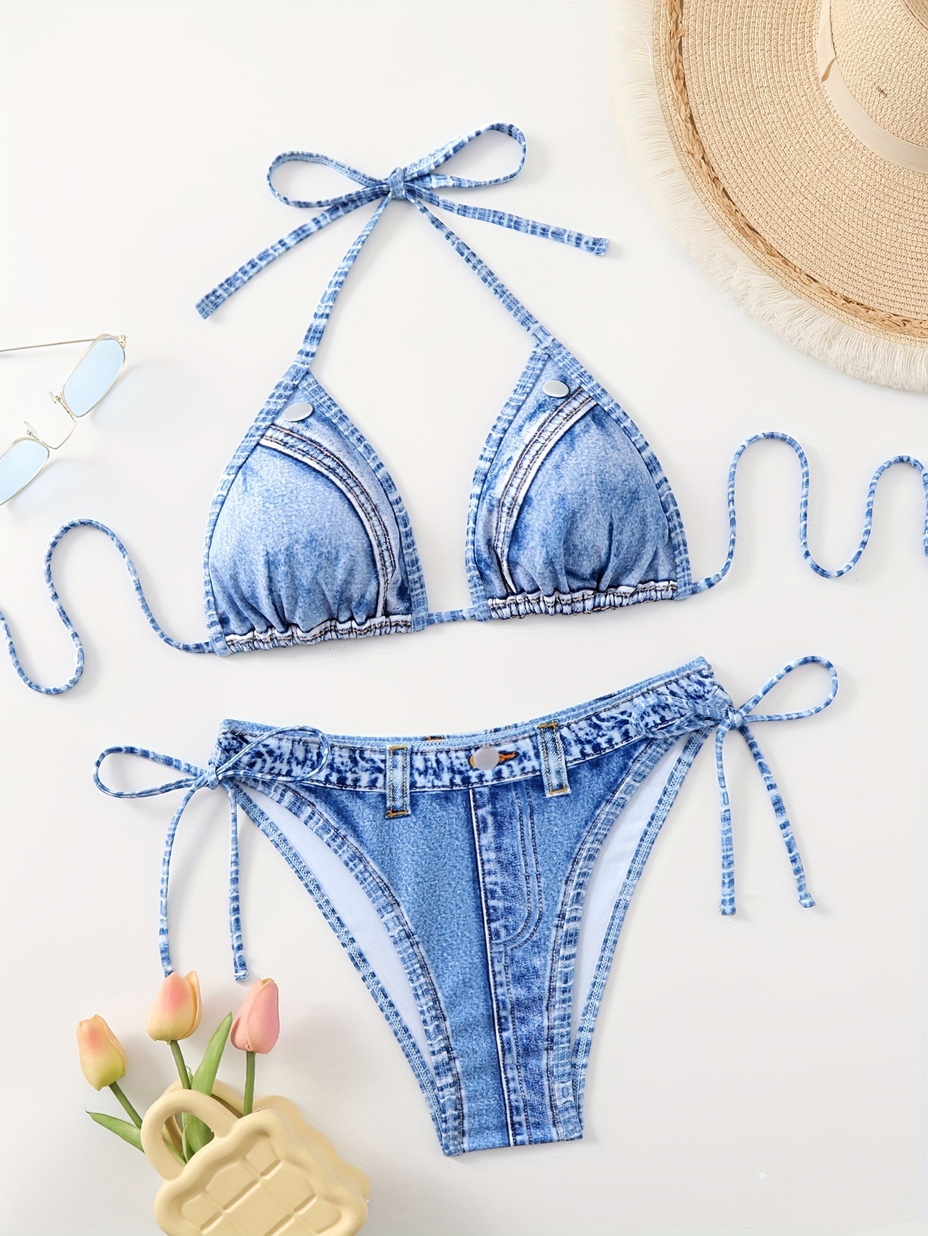 Chic Denim Print Bikini Set - 2 Piece Halter Swimsuit with High Waist Tie Sides - Flattering Womens Beachwear Ensemble