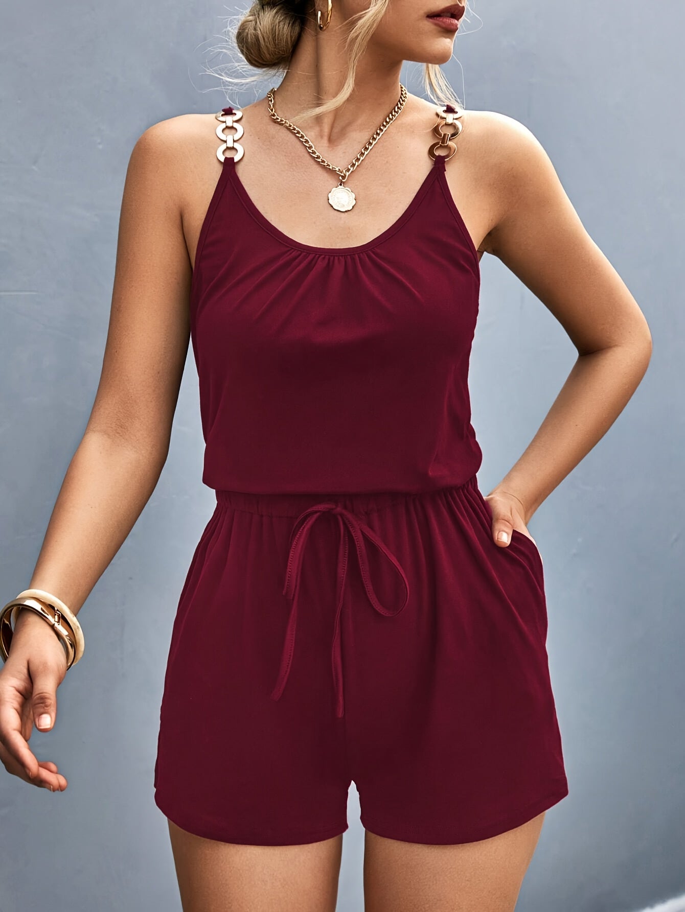 Mewithshe Women's Solid Color Burgundy Vacation Romper - Adjustable Knot Front Cami with Metal Chain Accents, Elastic Waist & Mid-Stretch Fabric, Machine Washable Beachwear for Poolside Lounging & Casual Outings, Casual Outfi
