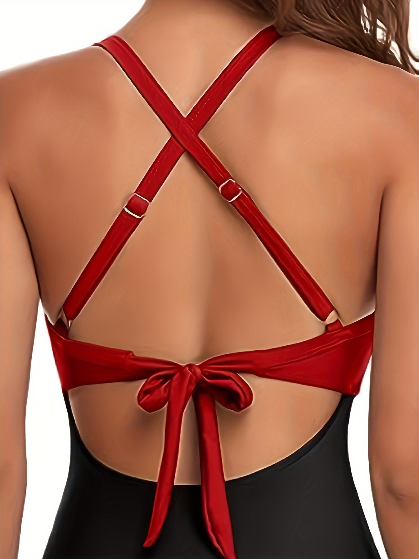 Womens Flattering Color Block One-Piece Swimsuit - Layered Cutout, Adjustable Cross Tie Back, Ruched Tummy Control, Sexy Beachwear Style - Perfect for a Fashion-Forward Look