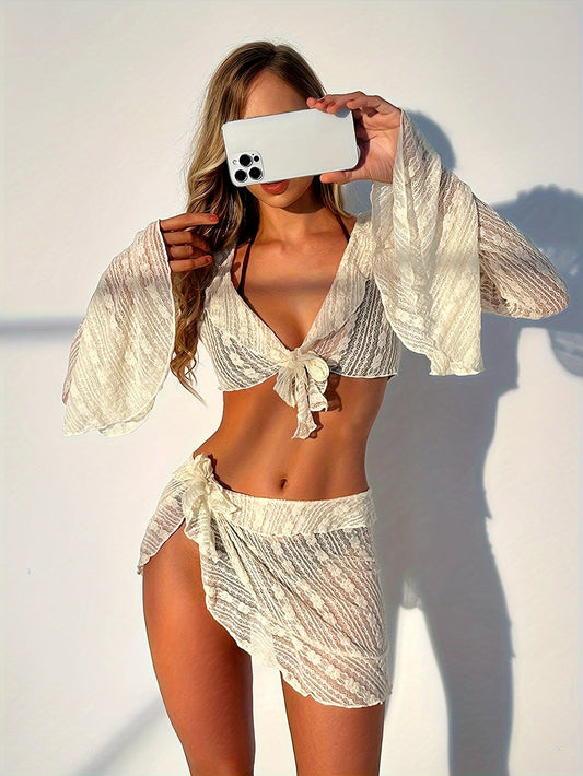 4-Piece Swimwear Set for Women - Stylish Lace Long Sleeve Crop Top with Chic Tie-Front, Flattering Solid Color Triangle Bikini, Flowy Wrap Mini Skirt, Perfect Beachwear for Summer Vacation, Pool Party, or Beach Trip