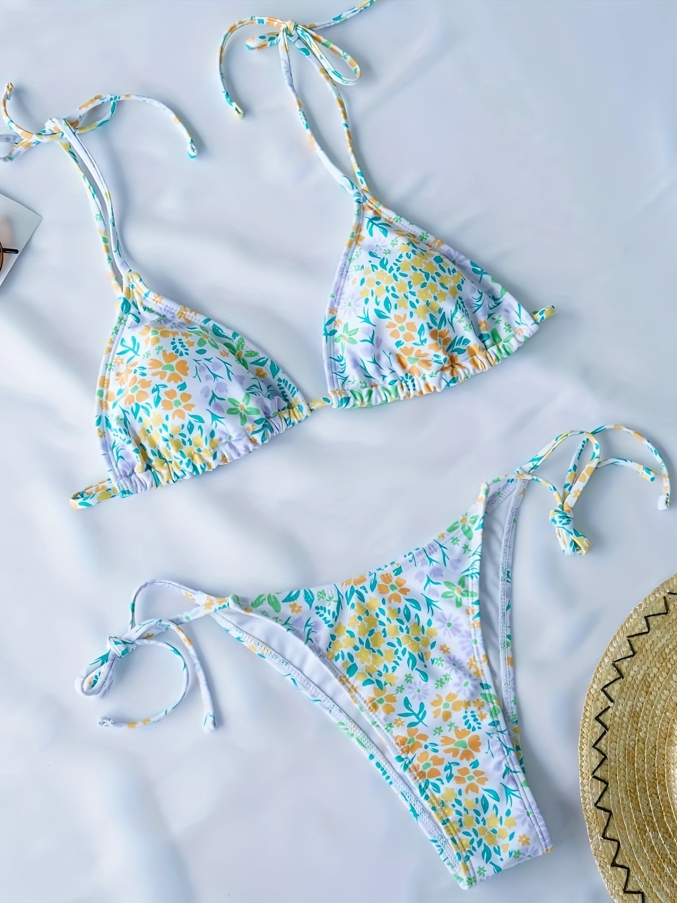 Women's Floral Bikini Set, Two-Piece Swimsuit With Tie Straps, Summer Beachwear, Adjustable Triangle Top, Low Rise Bottoms, Quick-dry Fabric, Poolside Essentials