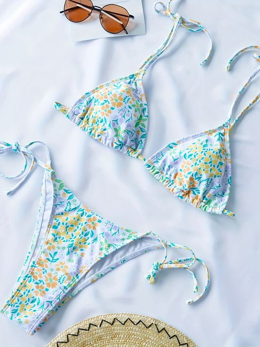 Women's Floral Bikini Set, Two-Piece Swimsuit With Tie Straps, Summer Beachwear, Adjustable Triangle Top, Low Rise Bottoms, Quick-dry Fabric, Poolside Essentials