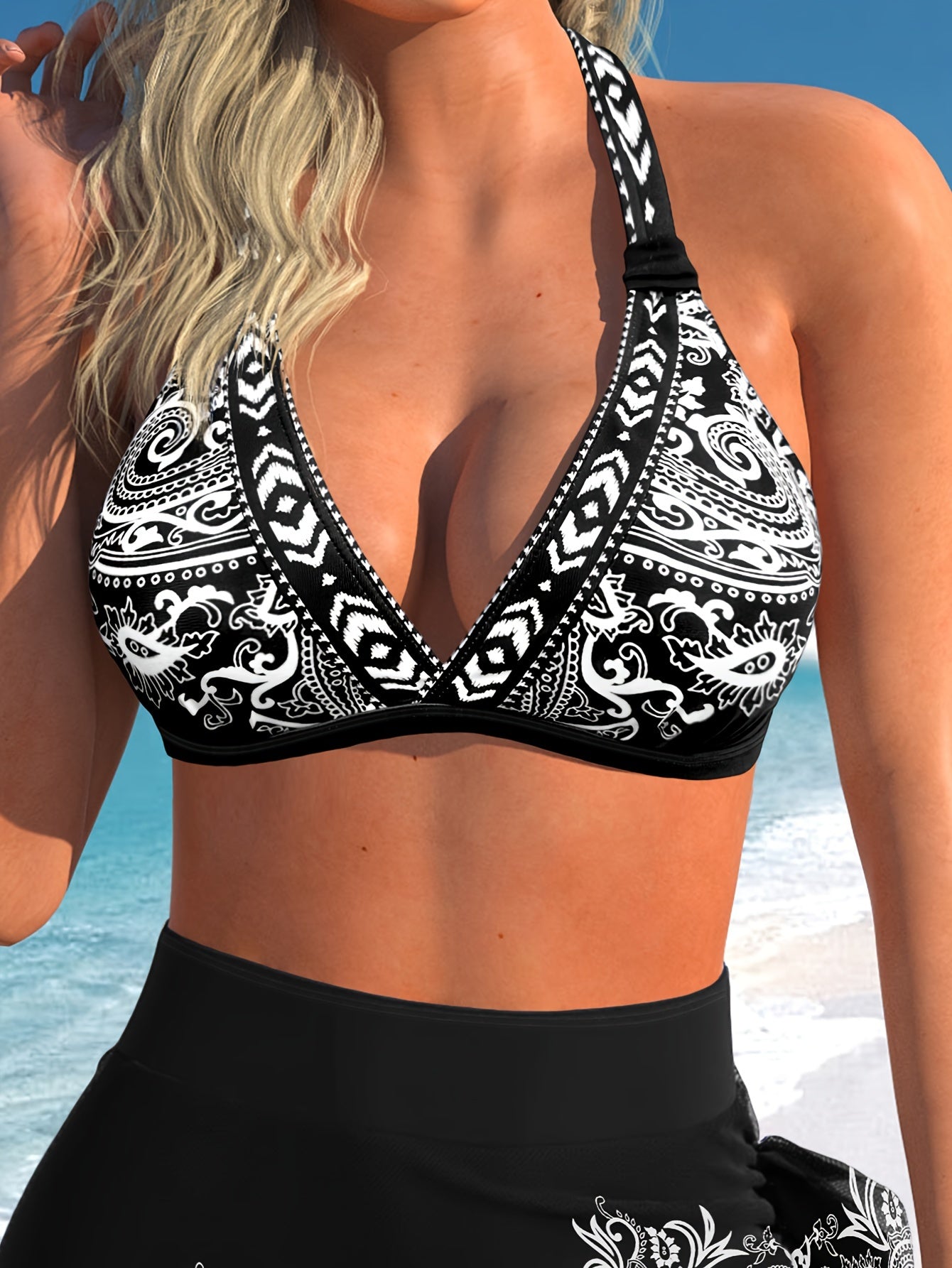 Chic Paisley & Geometric 3-Piece Bikini Set - V Neck, Tie Back, High Cut Swimsuit with Flowy Skirt Cover Up - Womens Beachwear