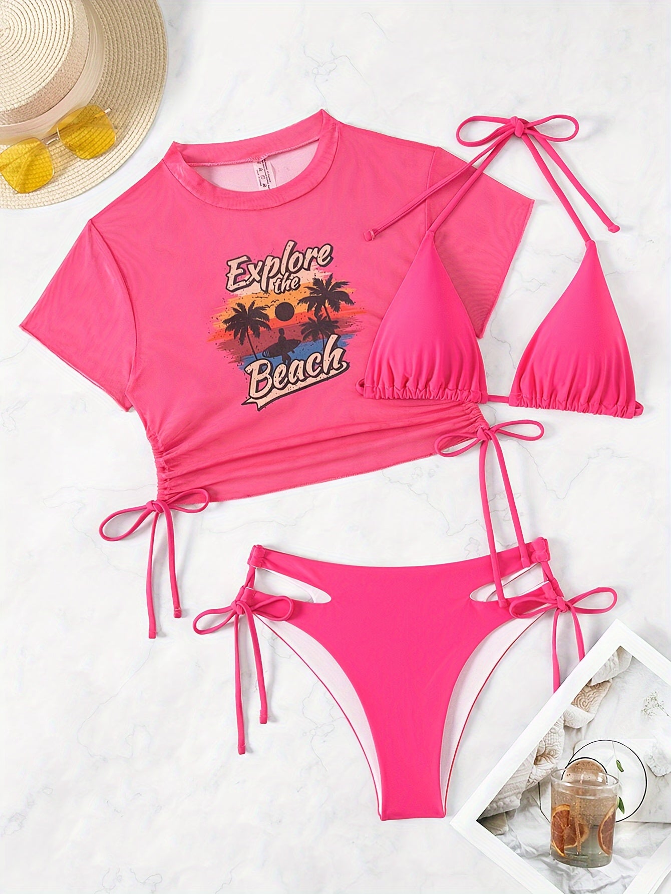 Women's Bikini Set, Three-piece Swimsuit With Short Sleeve Cover-Up, High Cut Hollow-Out Tie Side Bottom, Sexy Swimwear, Beachwear