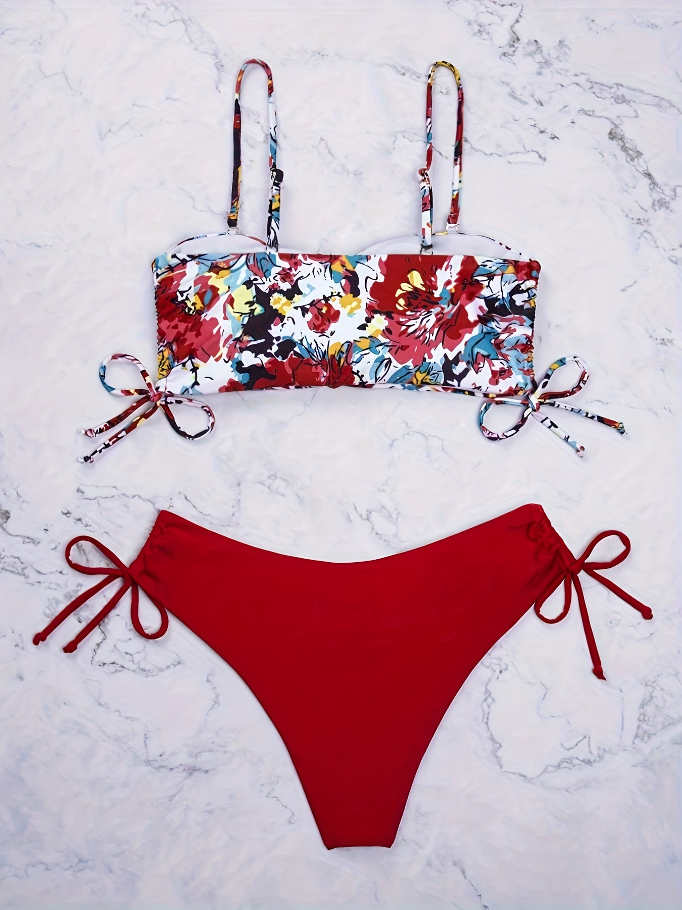 Bold Floral Print Bikini Set - 2 Piece, Adjustable Tie Sides, High-Waist, Sexy Swimwear for Women - Flattering Beachwear Ensemble