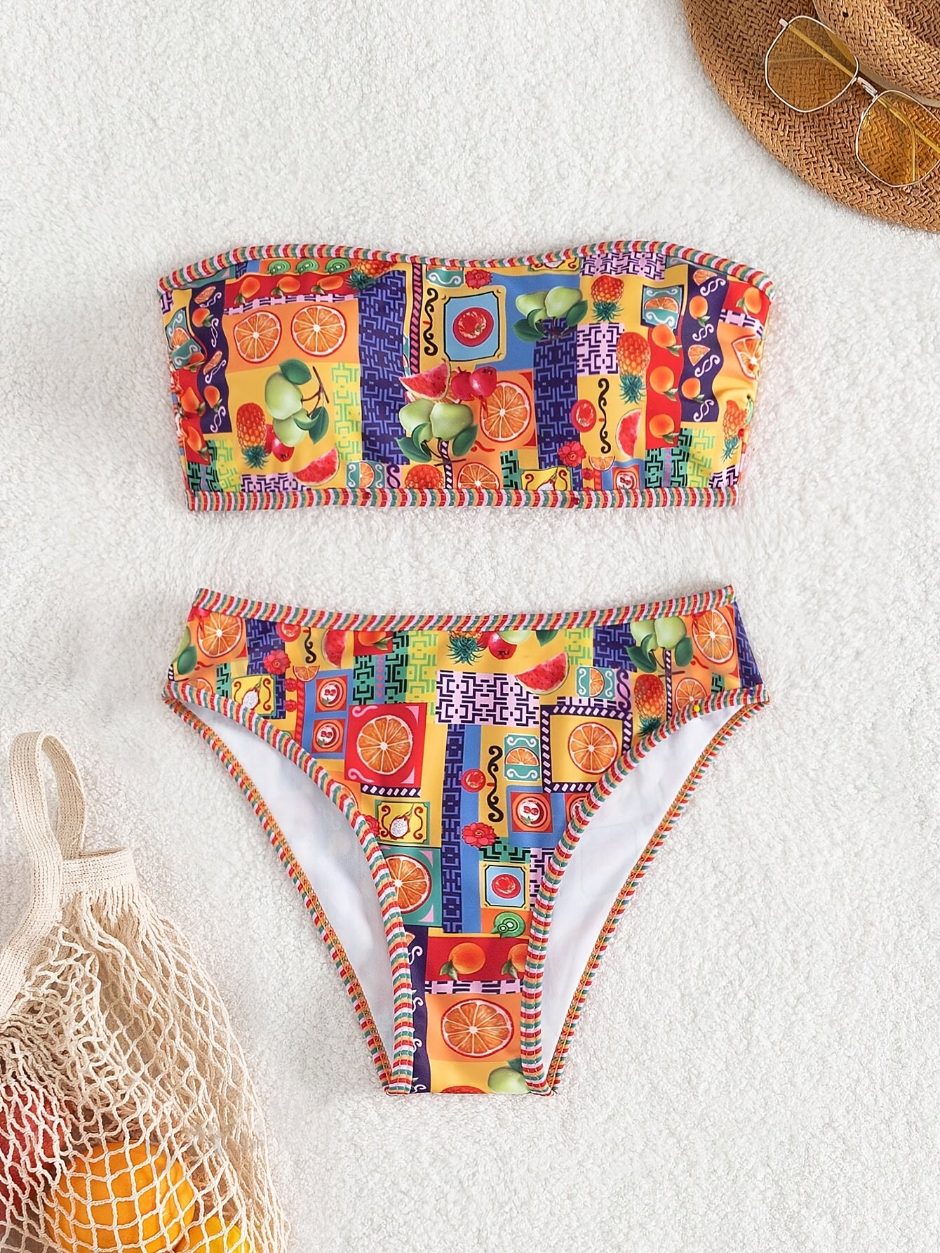 Vibrant Fruit Print High Cut Two-Piece Strapless Bikini Set - Fashionable Beachwear with Adjustable Straps, Padded Cups, and Ruffled Trim - Perfect Women's Summer Swimwear for Beach, Pool, or Vacation